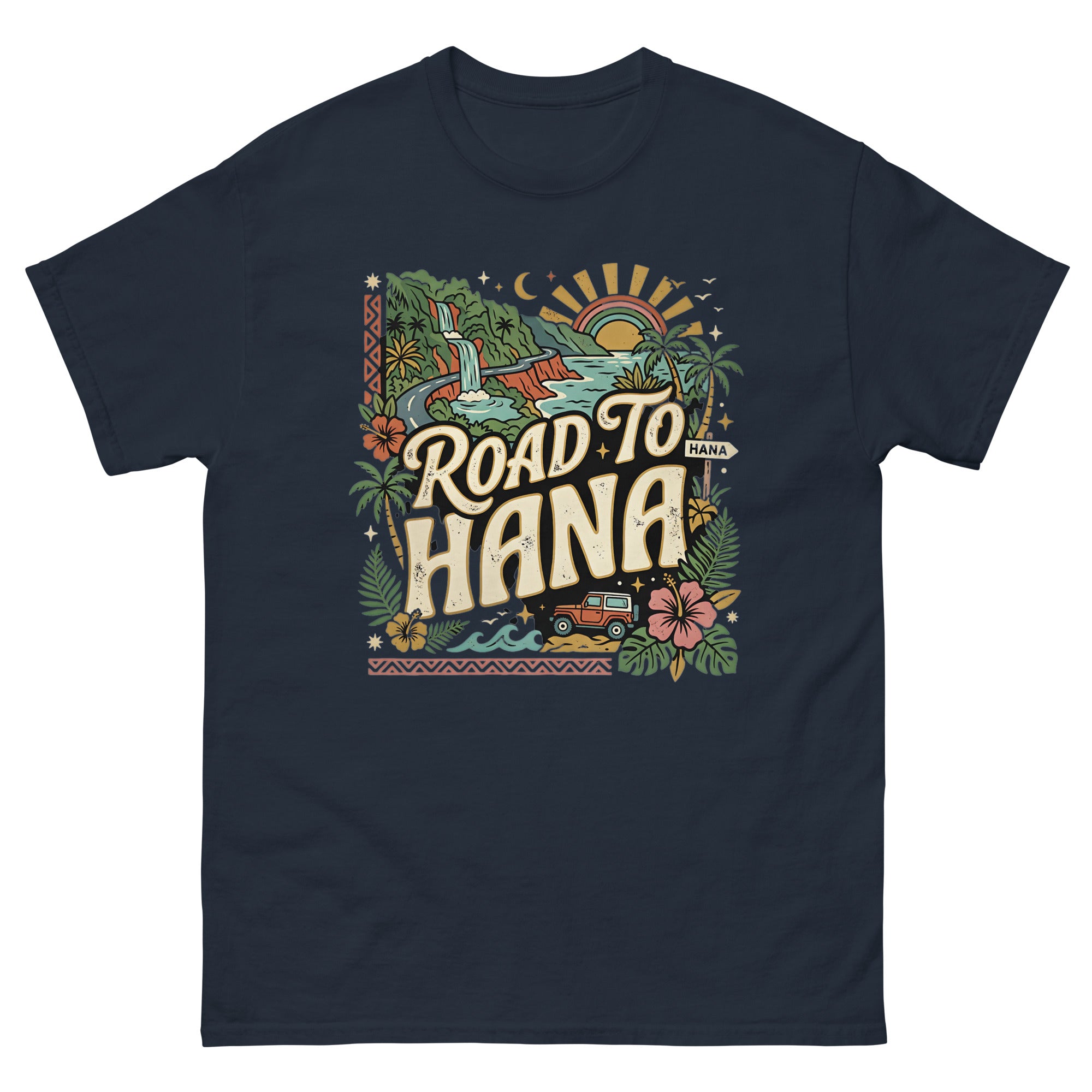 Road to Hana Jeep Hawaiian t-shirt design on a Navy unisex tee
