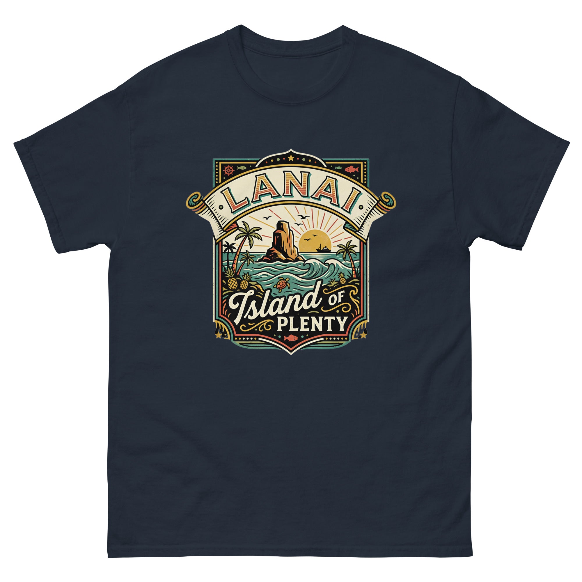 Lanai Island of Plenty Hawaiian t-shirt design on a Navy unisex tee