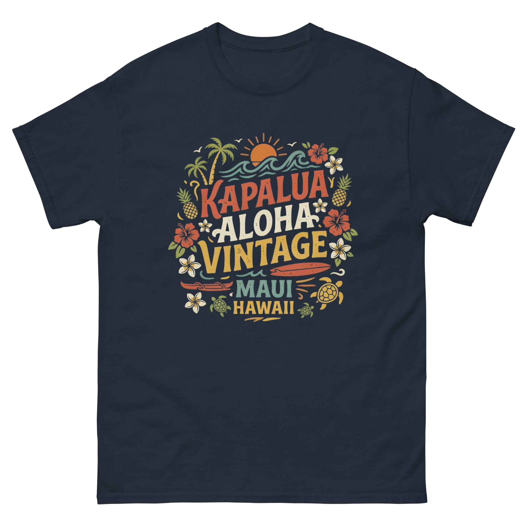 Kapalua Aloha Vintage Maui Hawaiian t-shirt design on a Navy unisex tee