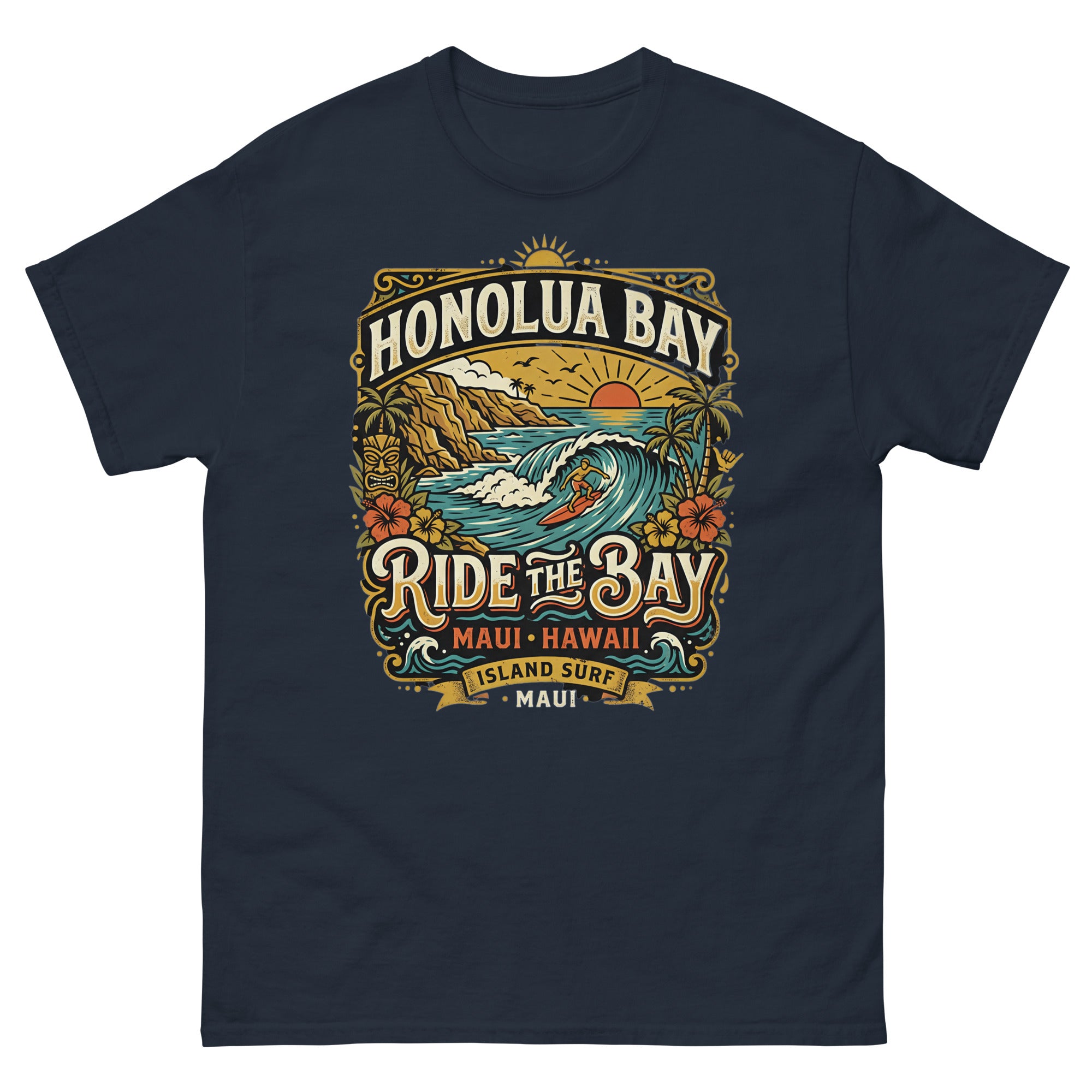 Honolua Bay Ride the Bay Hawaiian t-shirt design on a Navy unisex tee