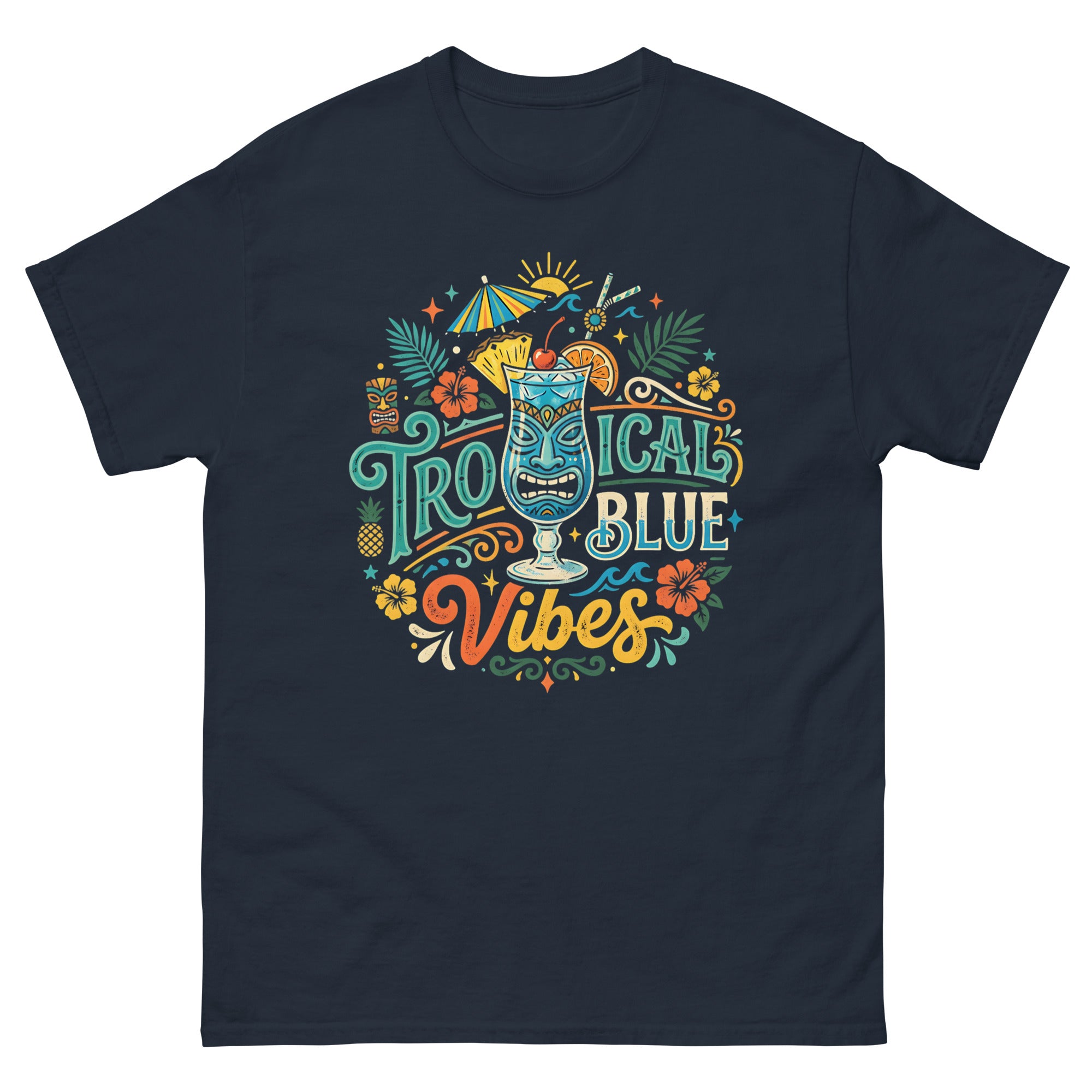 Blue Hawaii Island Paradise v4 Hawaiian t-shirt design on a Navy unisex tee