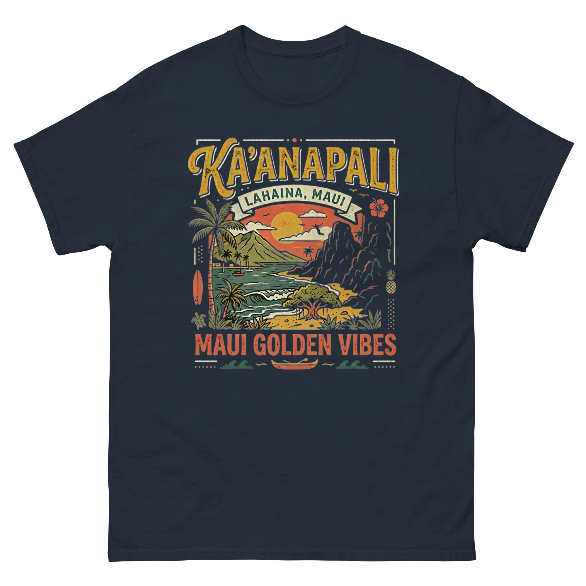 Kaanapali Lahaina Maui Golden Vibes v2 Hawaiian t-shirt design on a Navy unisex tee