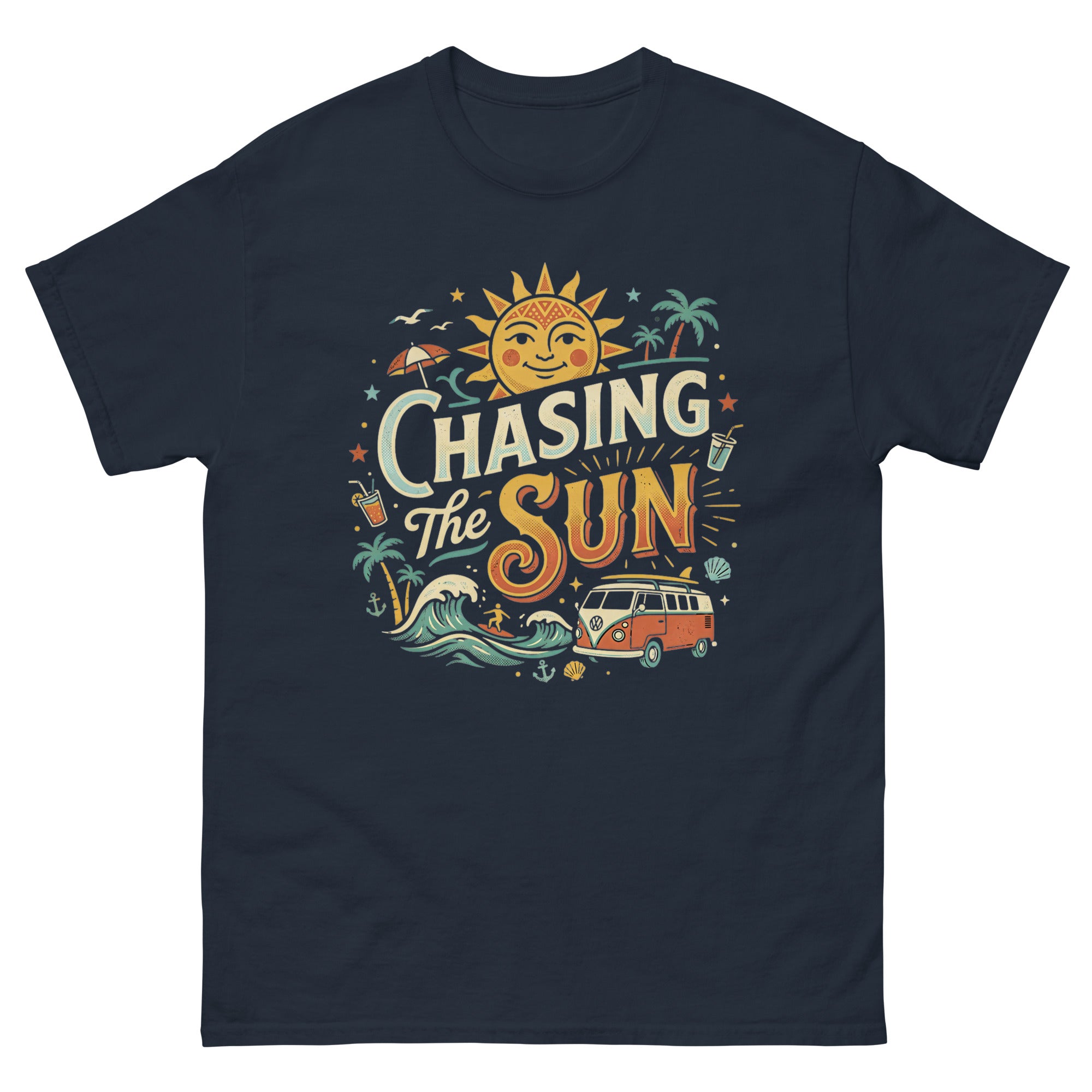 Chasing the Sun v1 Hawaiian t-shirt design on a Navy unisex tee