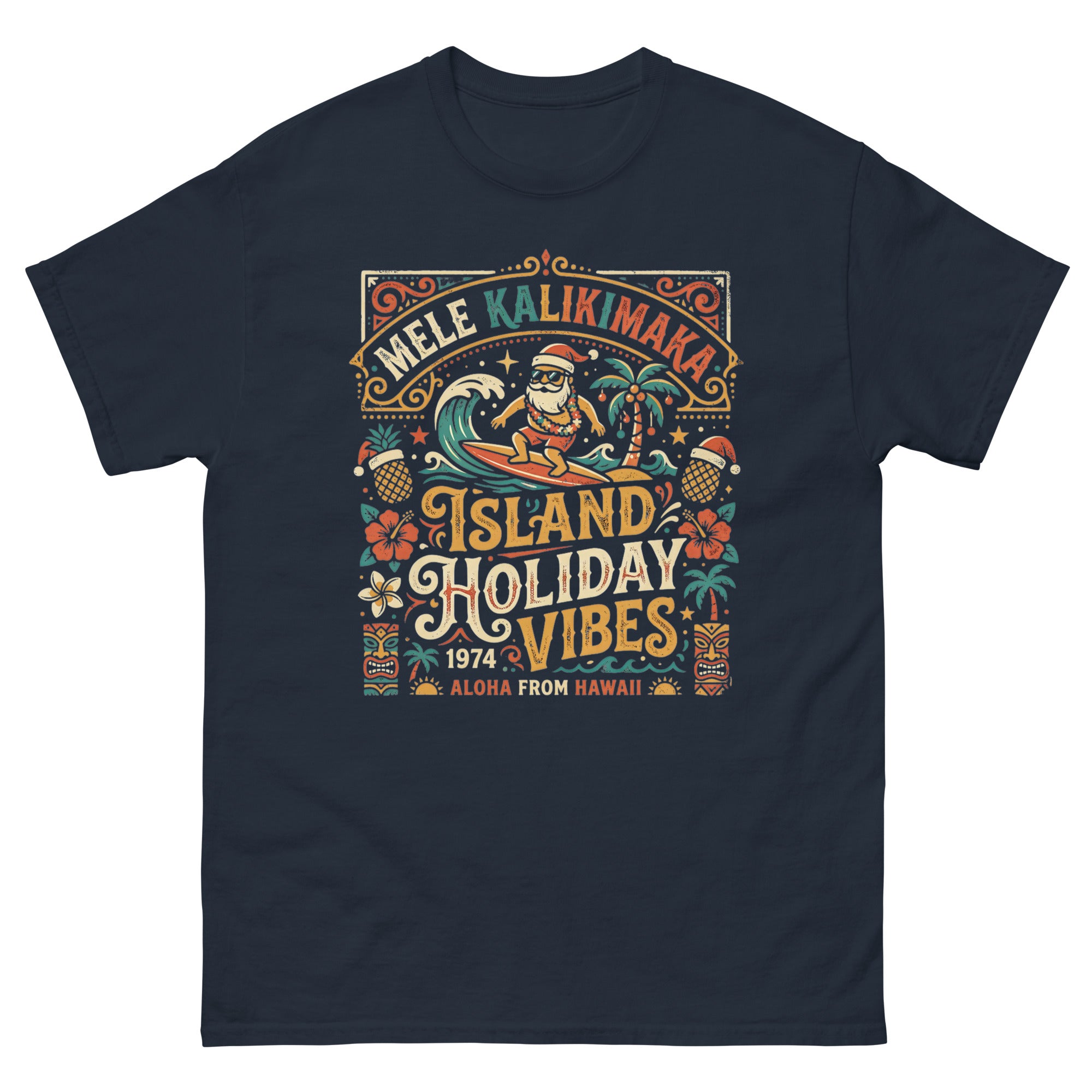 Mele Kalikimaka Island Holiday Vibes Hawaiian t-shirt design on a Navy unisex tee