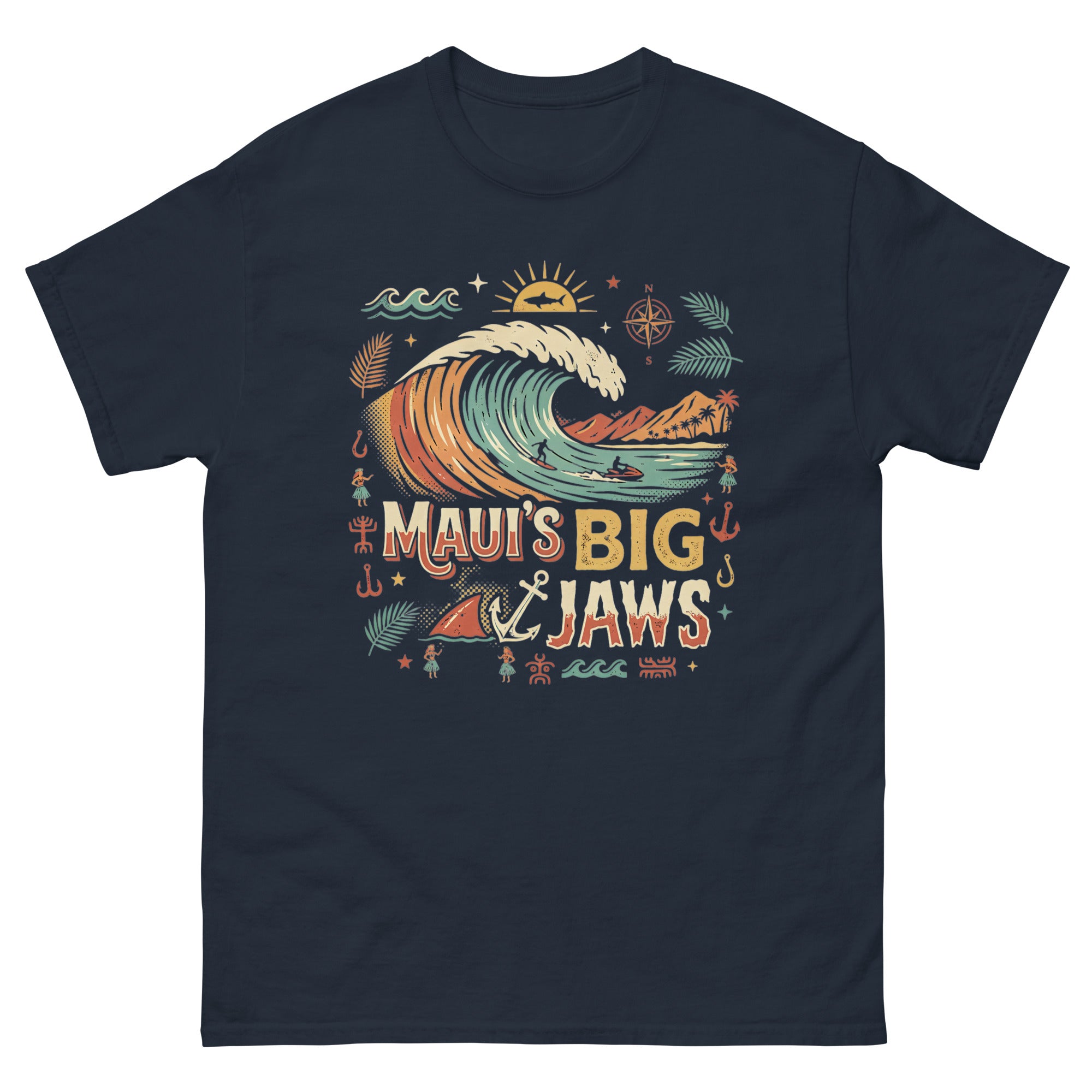 Mauis Big Jaws Hawaiian t-shirt design on a Navy unisex tee
