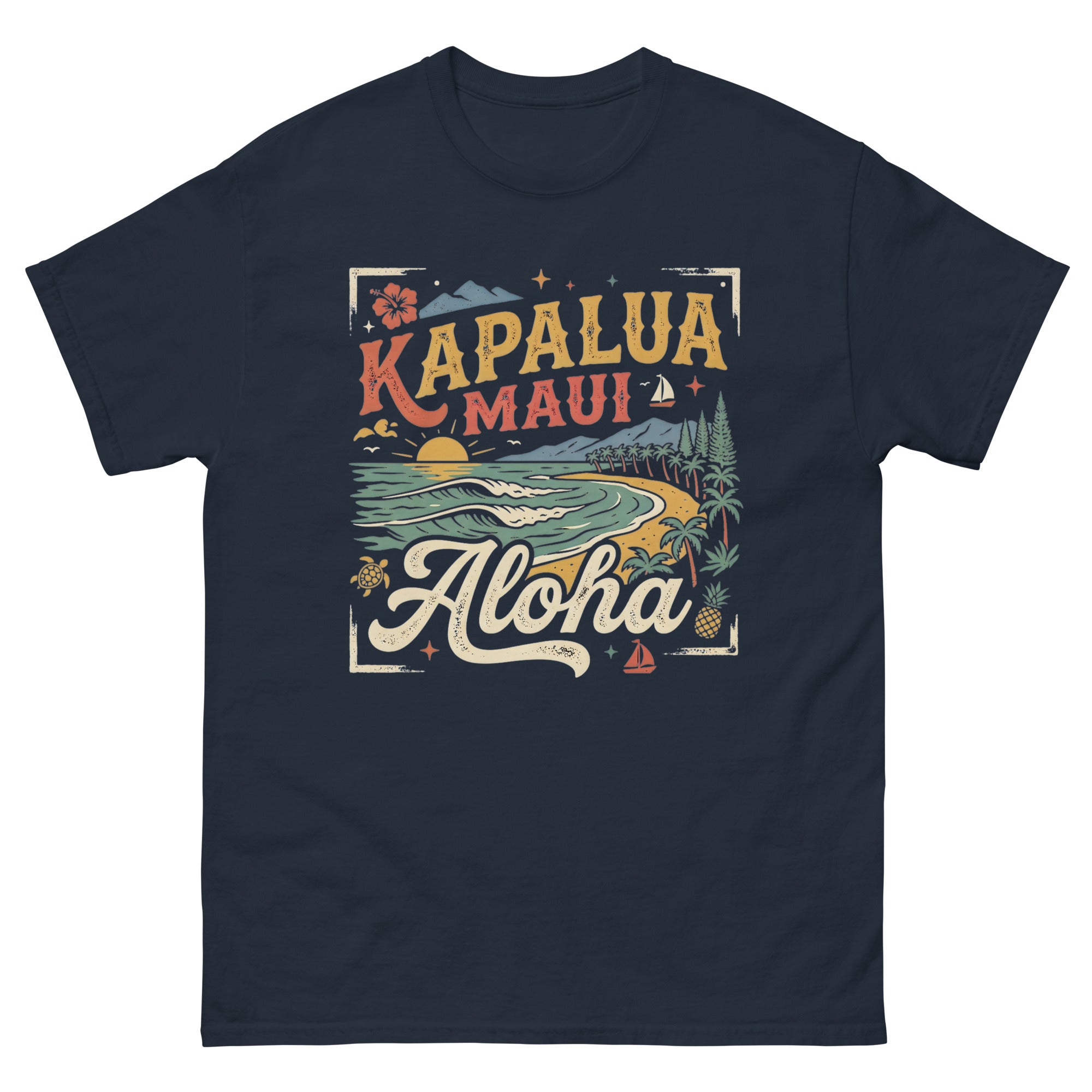 Kapalua Maui Aloha Hawaiian t-shirt design on a Navy unisex tee
