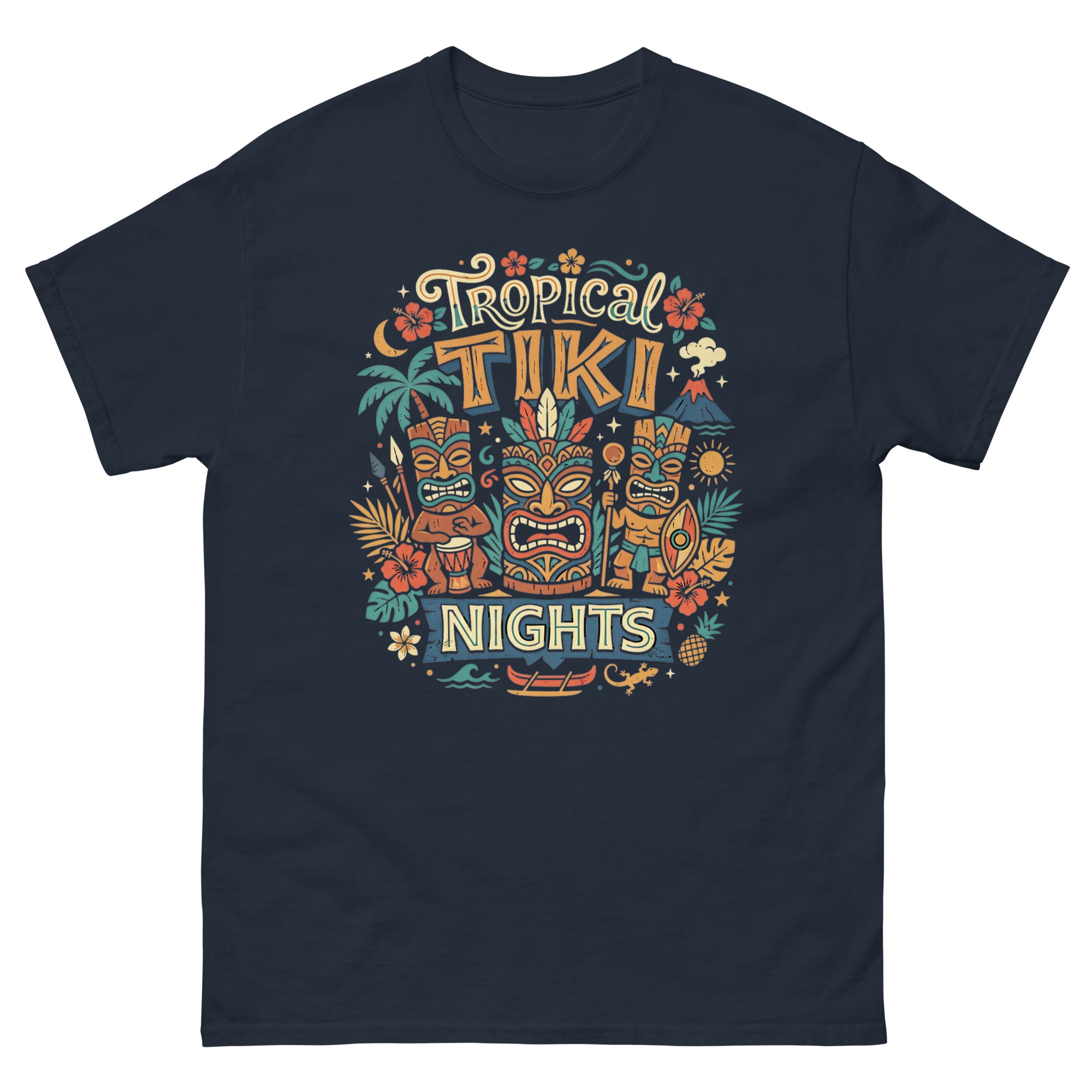Tropical Tiki Nights v1 Hawaiian t-shirt design on a Navy unisex tee