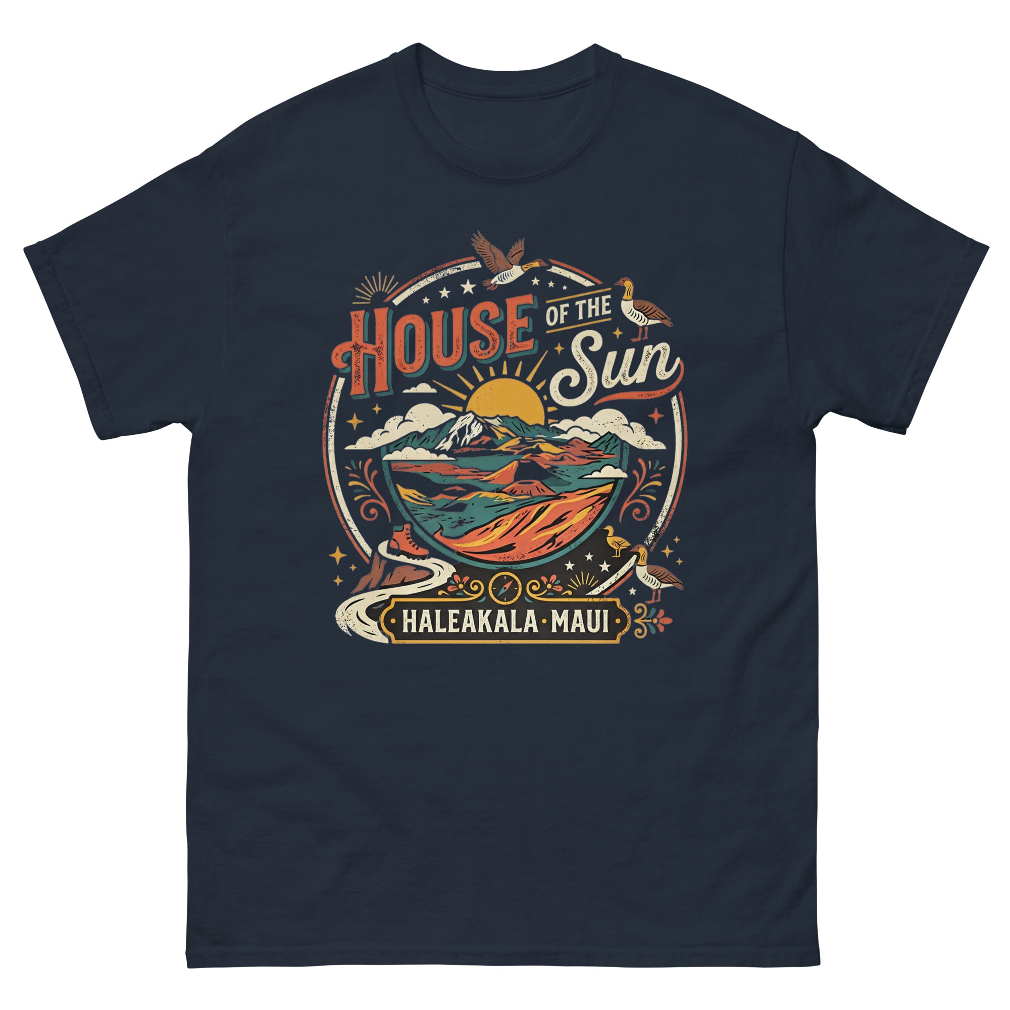 House of the Sun Haleakala Maui Hawaiian t-shirt design on a Navy unisex tee