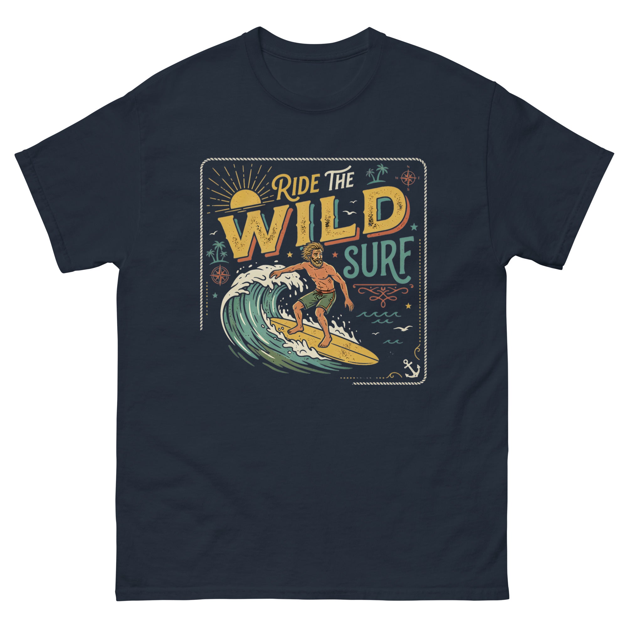 Ride the Wild Surf Hawaiian t-shirt design on a Navy unisex tee