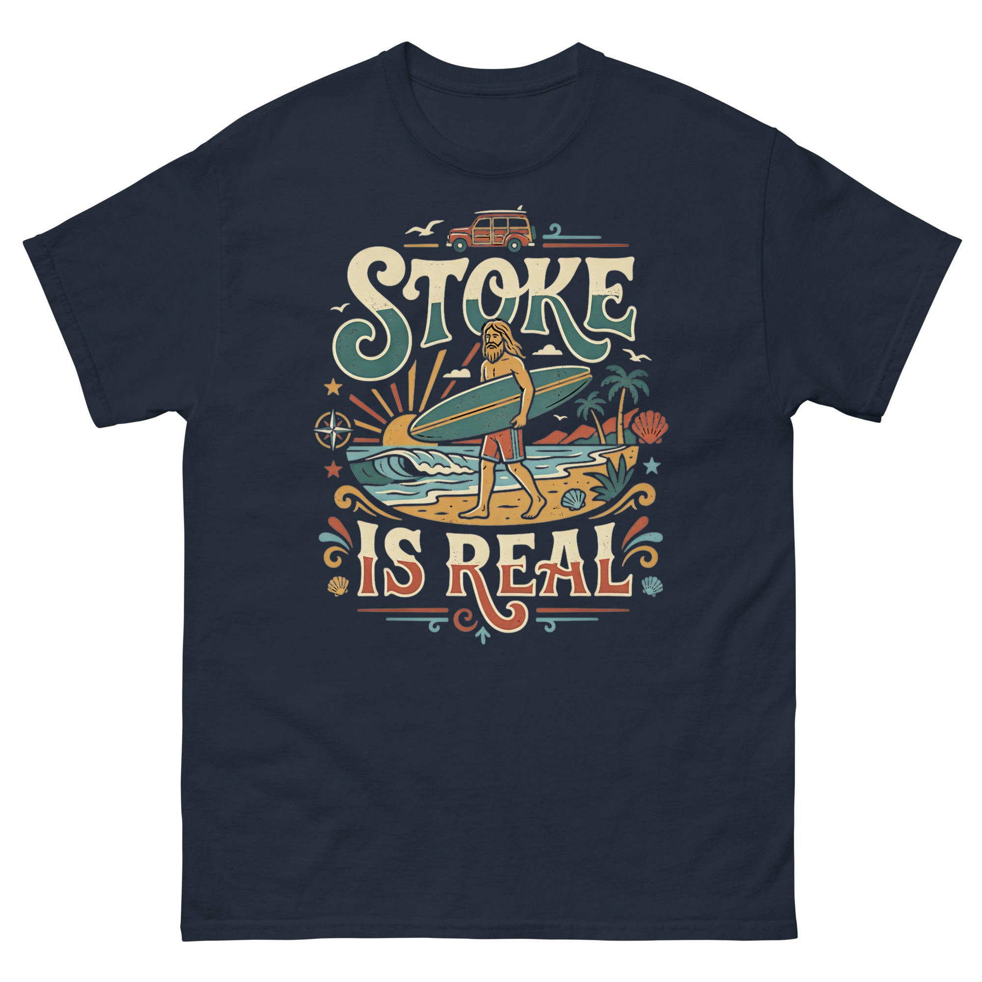 Stoke Is Real v3 Hawaiian t-shirt design on a Navy unisex tee
