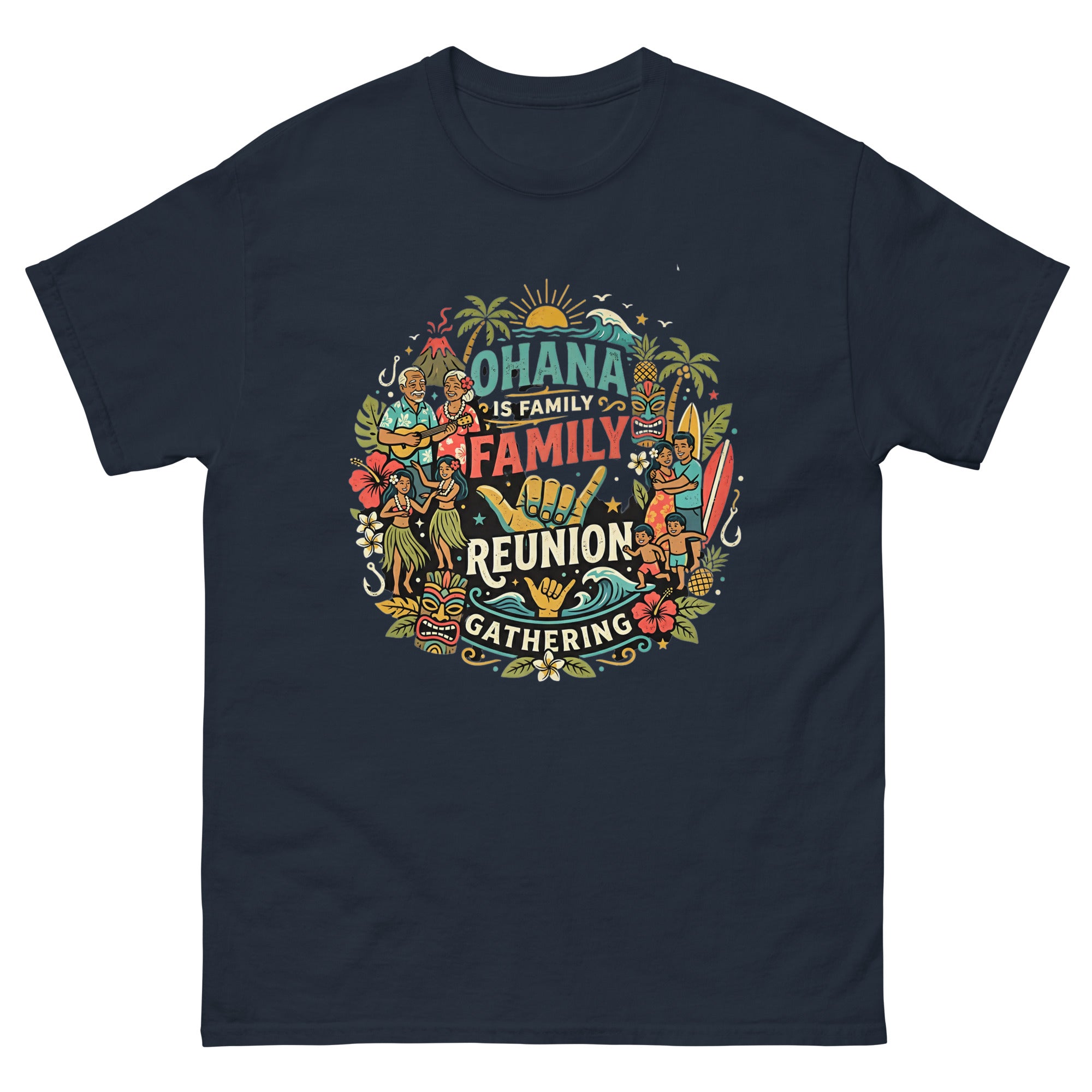 Ohana Family Reunion Hawaiian t-shirt design on a Navy unisex tee