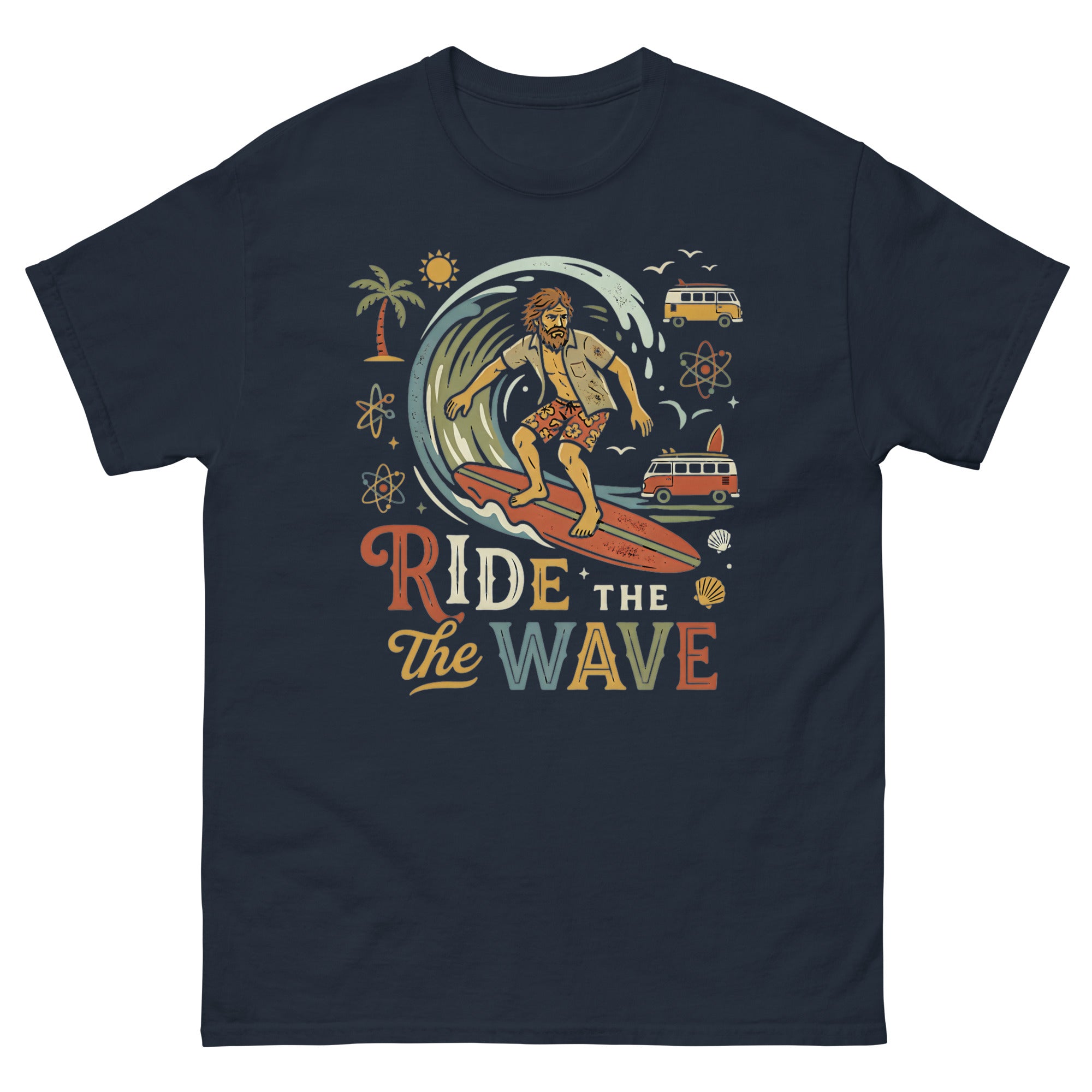 Ride the Wave Hawaiian t-shirt design on a Navy unisex tee