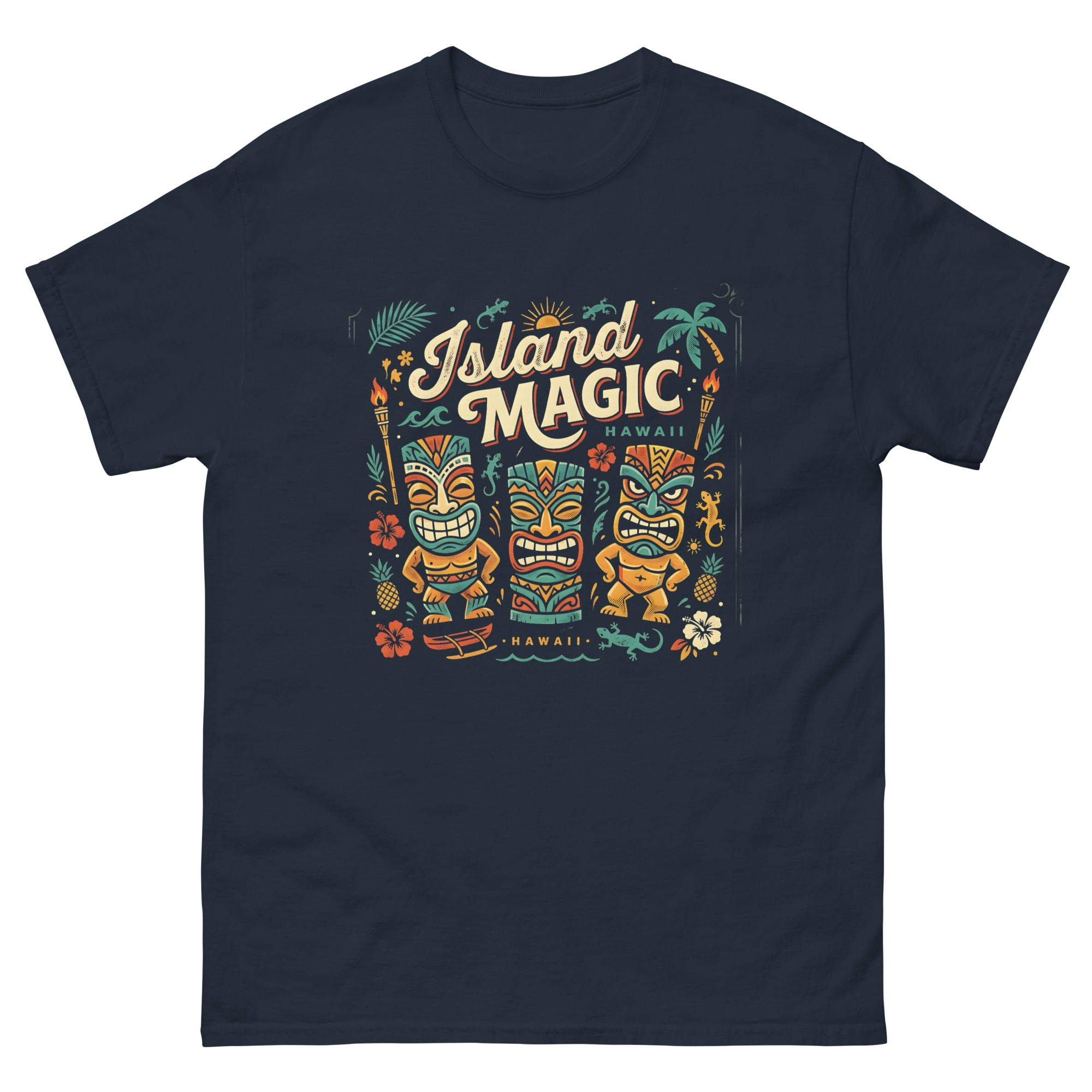 Tropical Tiki Nights v3 Hawaiian t-shirt design on a Navy unisex tee