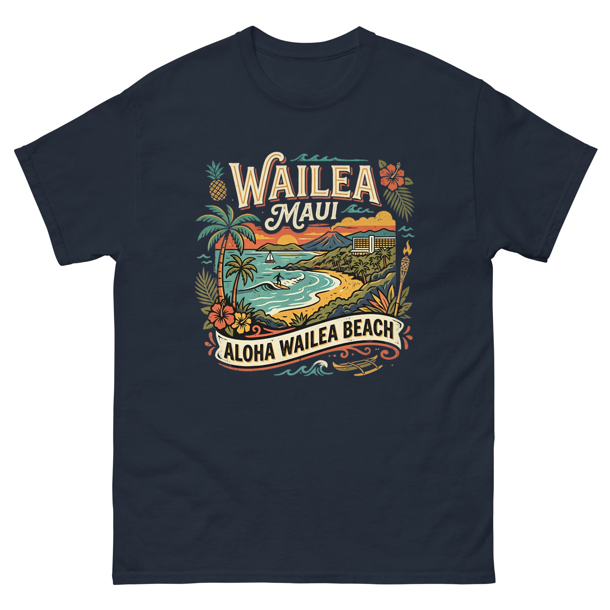 Wailea Maui Aloha Beach Hawaiian t-shirt design on a Navy unisex tee