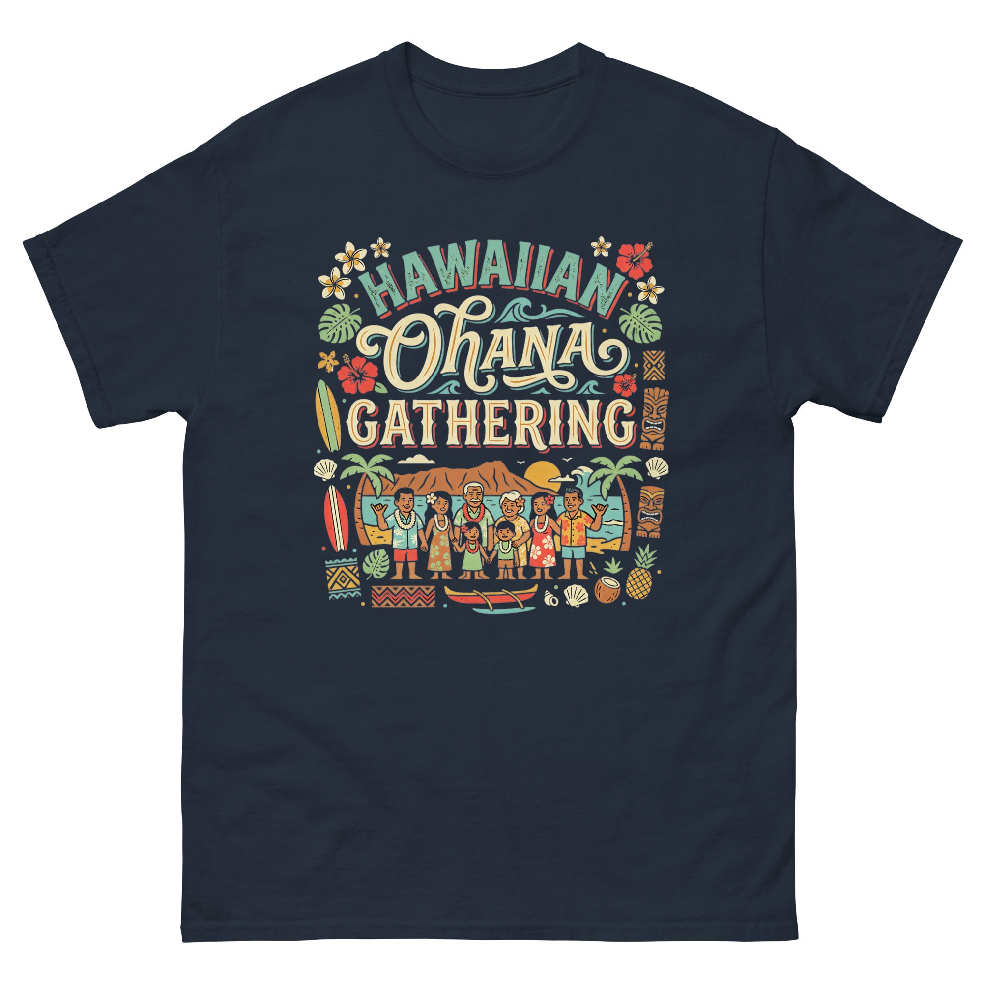 Ohana Family Reunion Gathering v3 Hawaiian t-shirt design on a Navy unisex tee