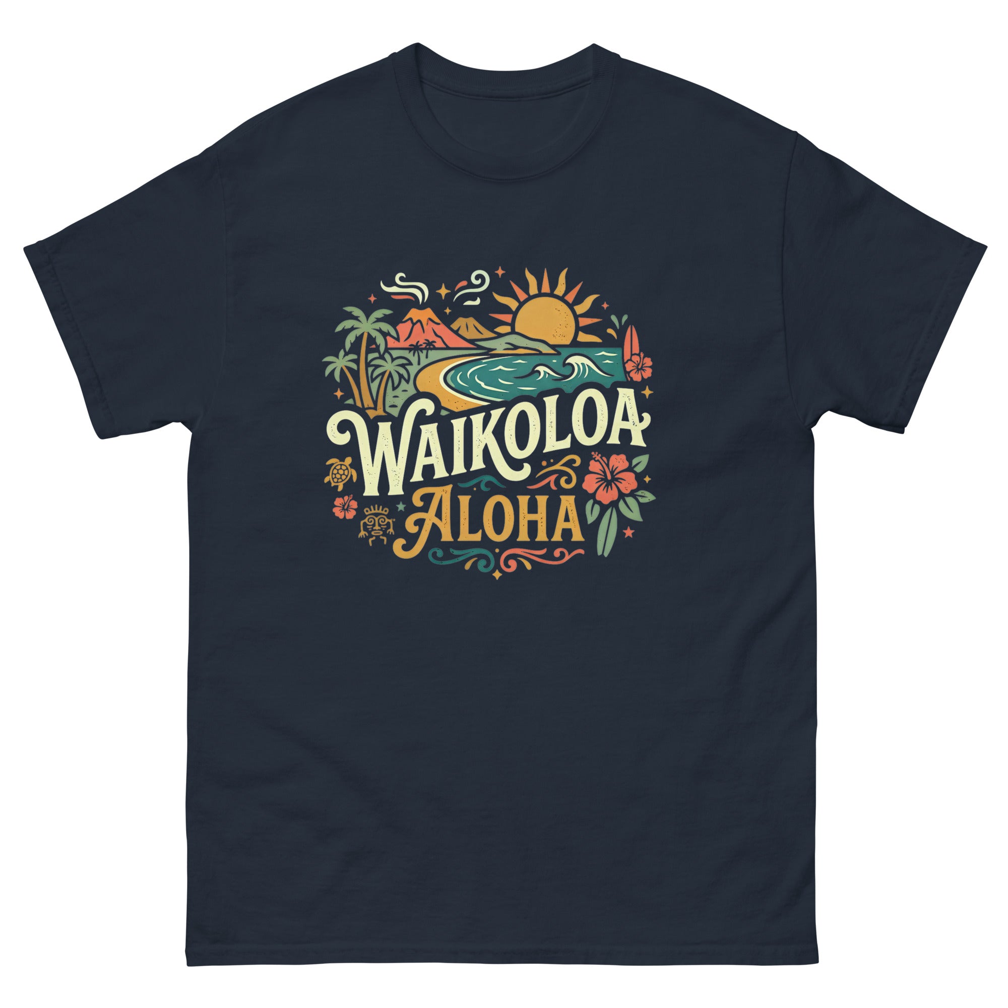 Waikoloa Aloha Hawaiian t-shirt design on a Navy unisex tee