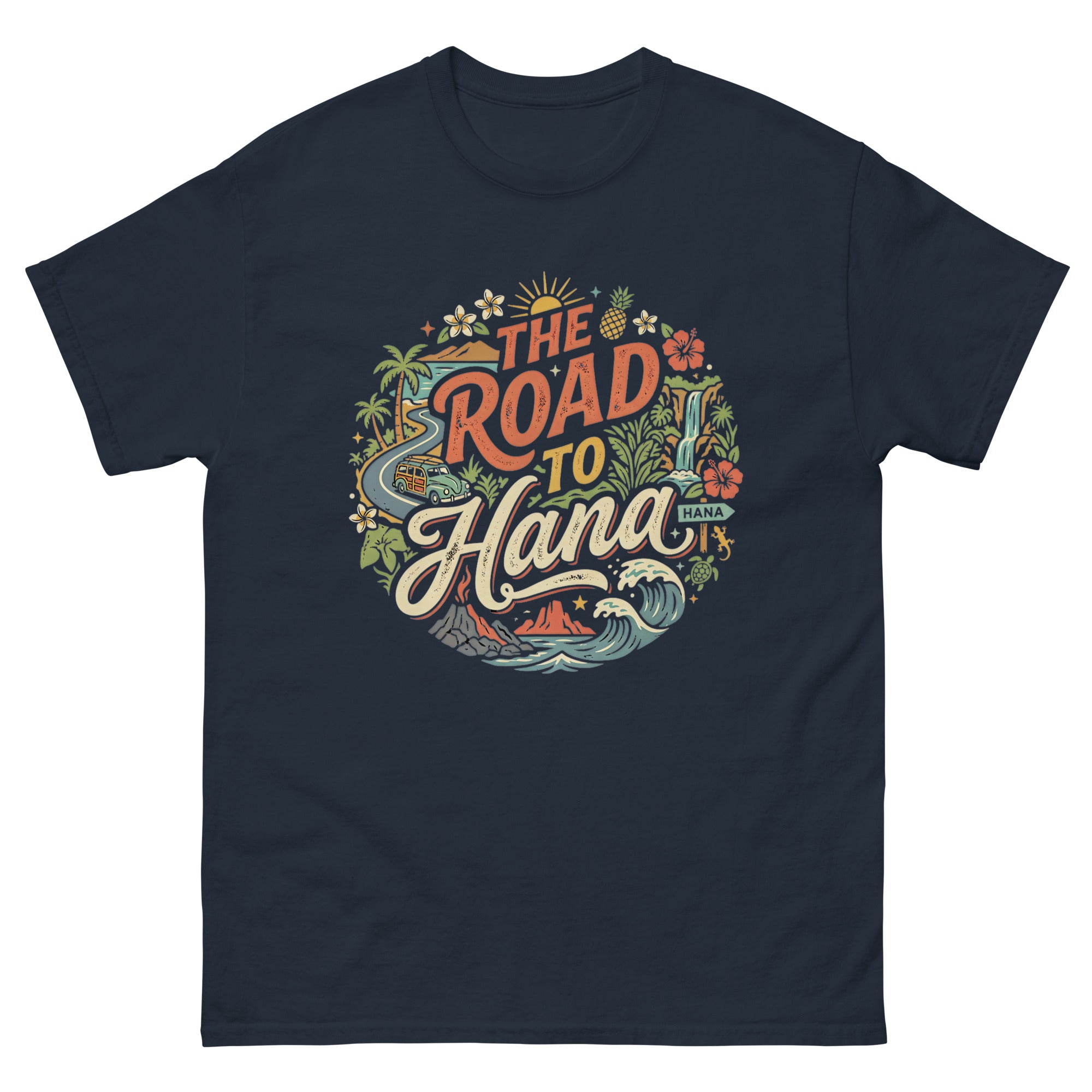 The Road to Hana Hawaiian t-shirt design on a Navy unisex tee