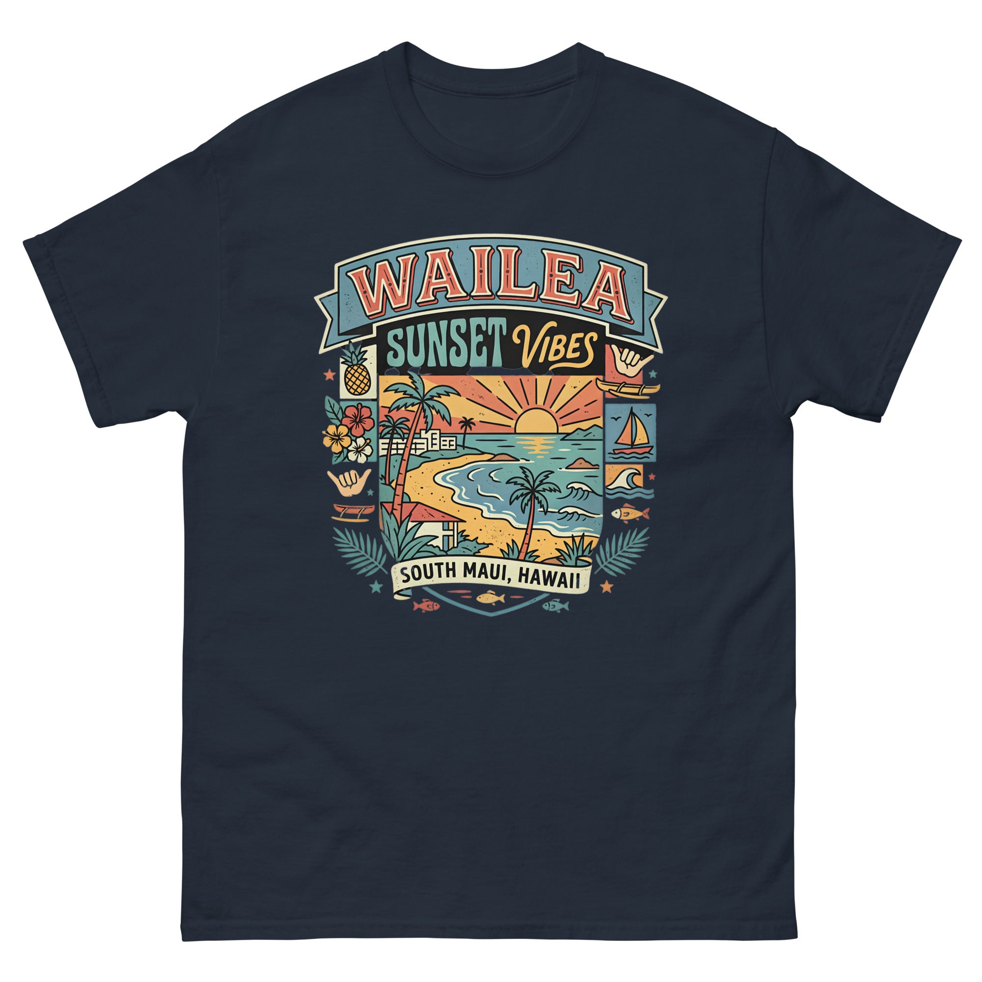 Wailea Maui Aloha Beach Hawaiian t-shirt design on a Navy unisex tee