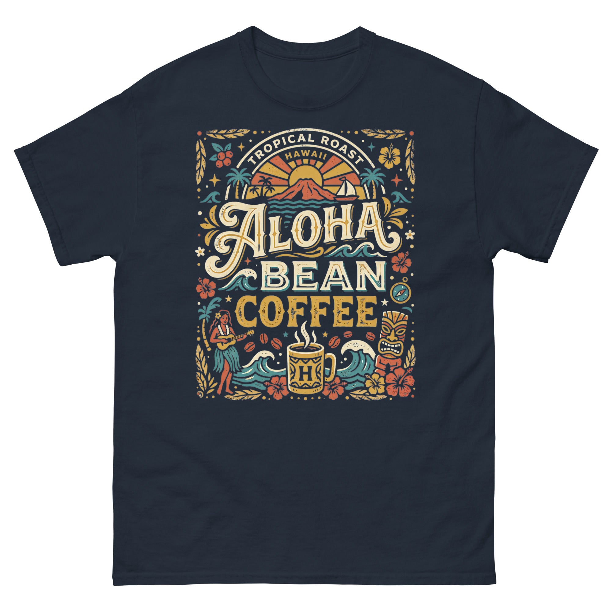 Tropical Roast Aloha Bean Coffee Hawaiian t-shirt design on a Navy unisex tee