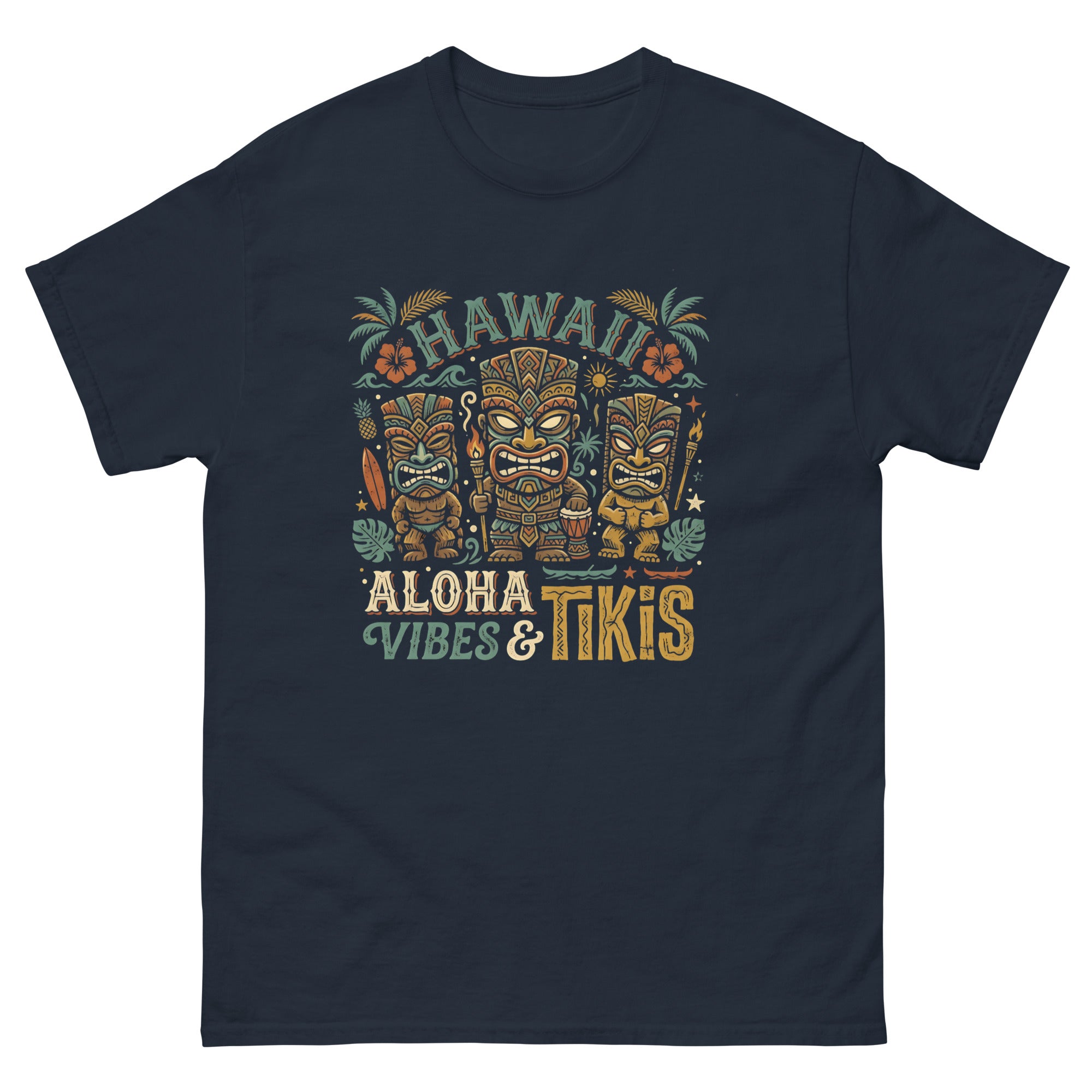 Tropical Tiki Nights v4 Hawaiian t-shirt design on a Navy unisex tee