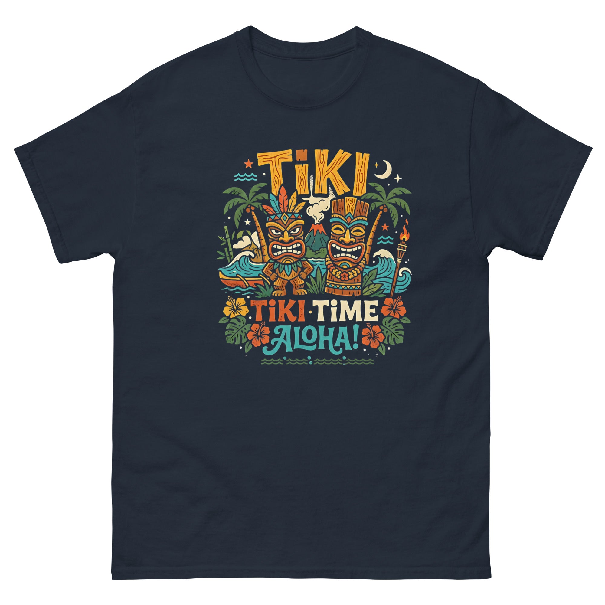 Tropical Tiki Nights v2 Hawaiian t-shirt design on a Navy unisex tee