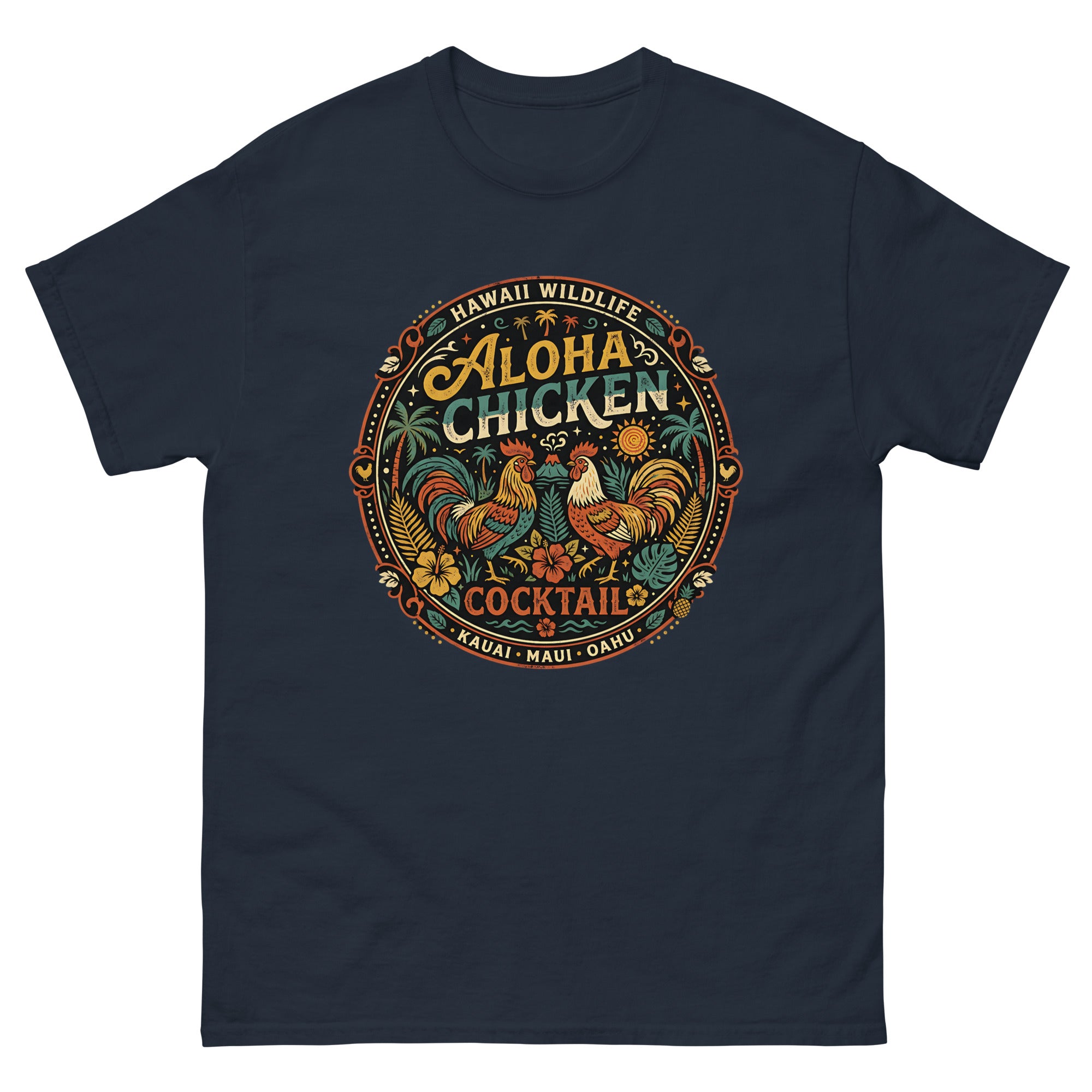 Aloha Chicken Kauai Hawaiian t-shirt design on a Navy unisex tee