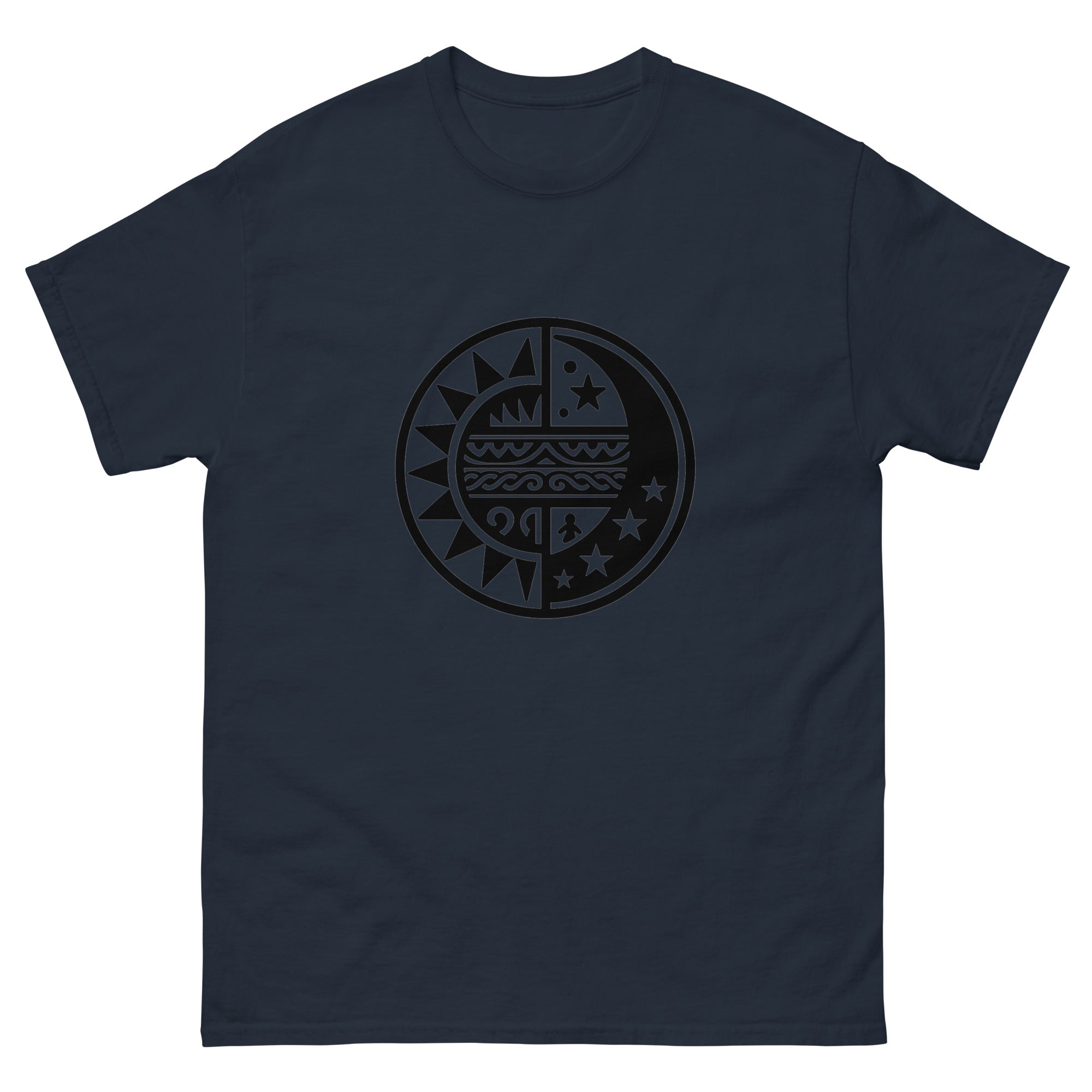La Mahina Hawaiian Sun Moon T-Shirt Hawaiian t-shirt design on a Navy unisex tee