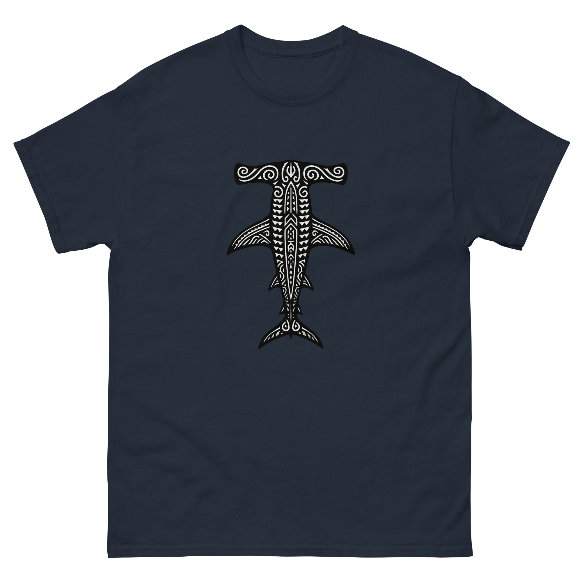 Mano Kihikihi Hammerhead Hawaiian T-Shirt Hawaiian t-shirt design on a Navy unisex tee