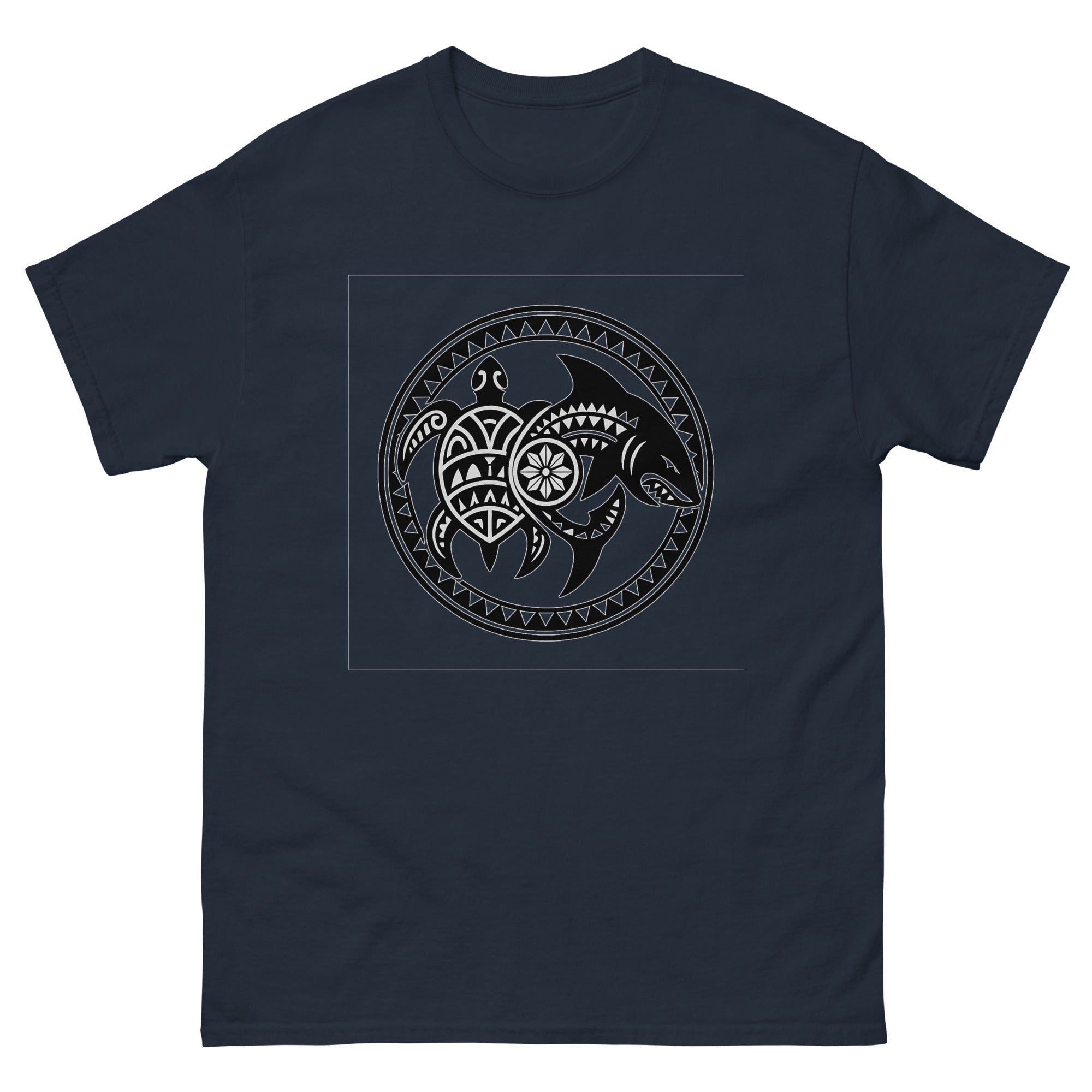 Honu Mano Twin Hawaiian t-shirt design on a Navy unisex tee