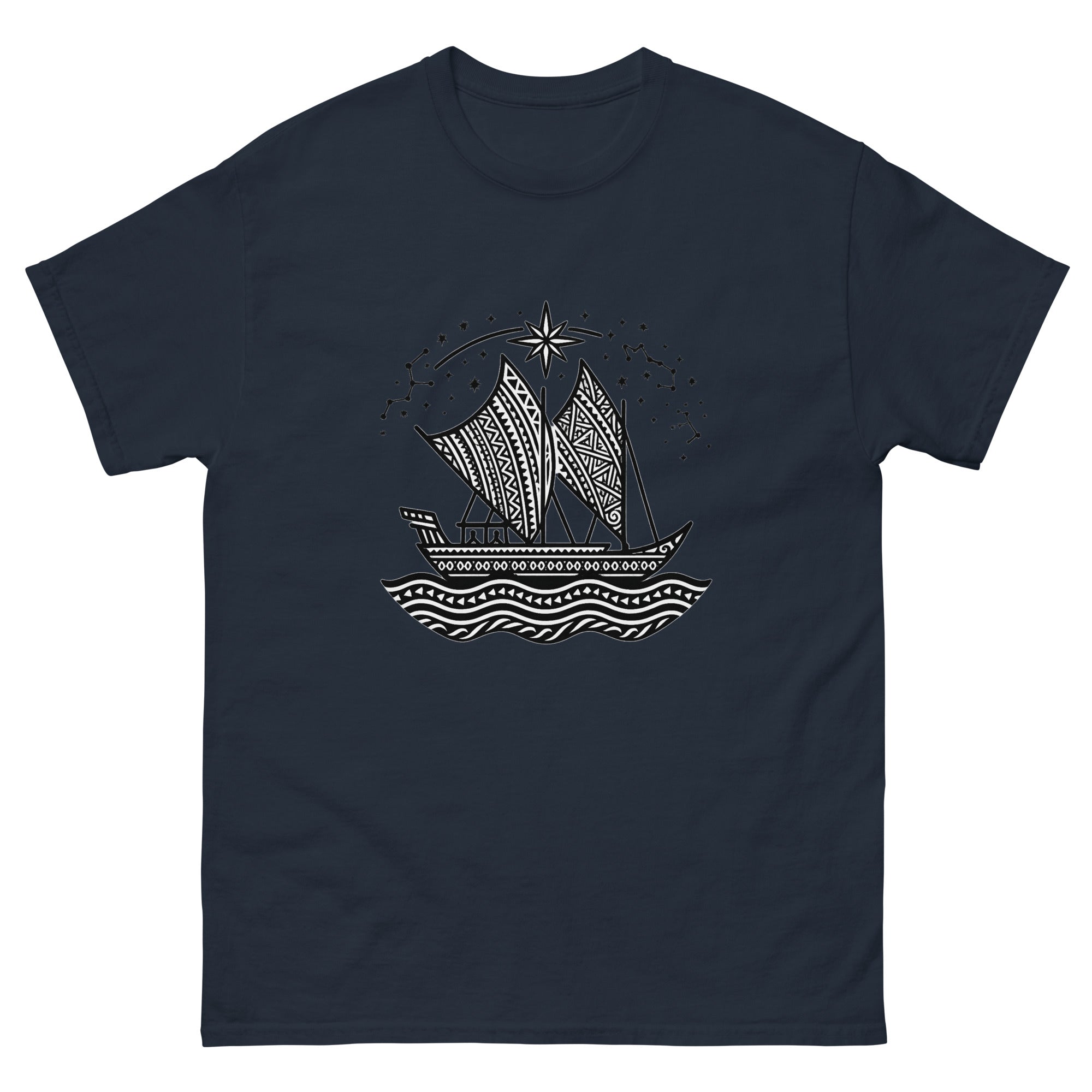 Waa Kaulua Wayfinder Hawaiian t-shirt design on a Navy unisex tee