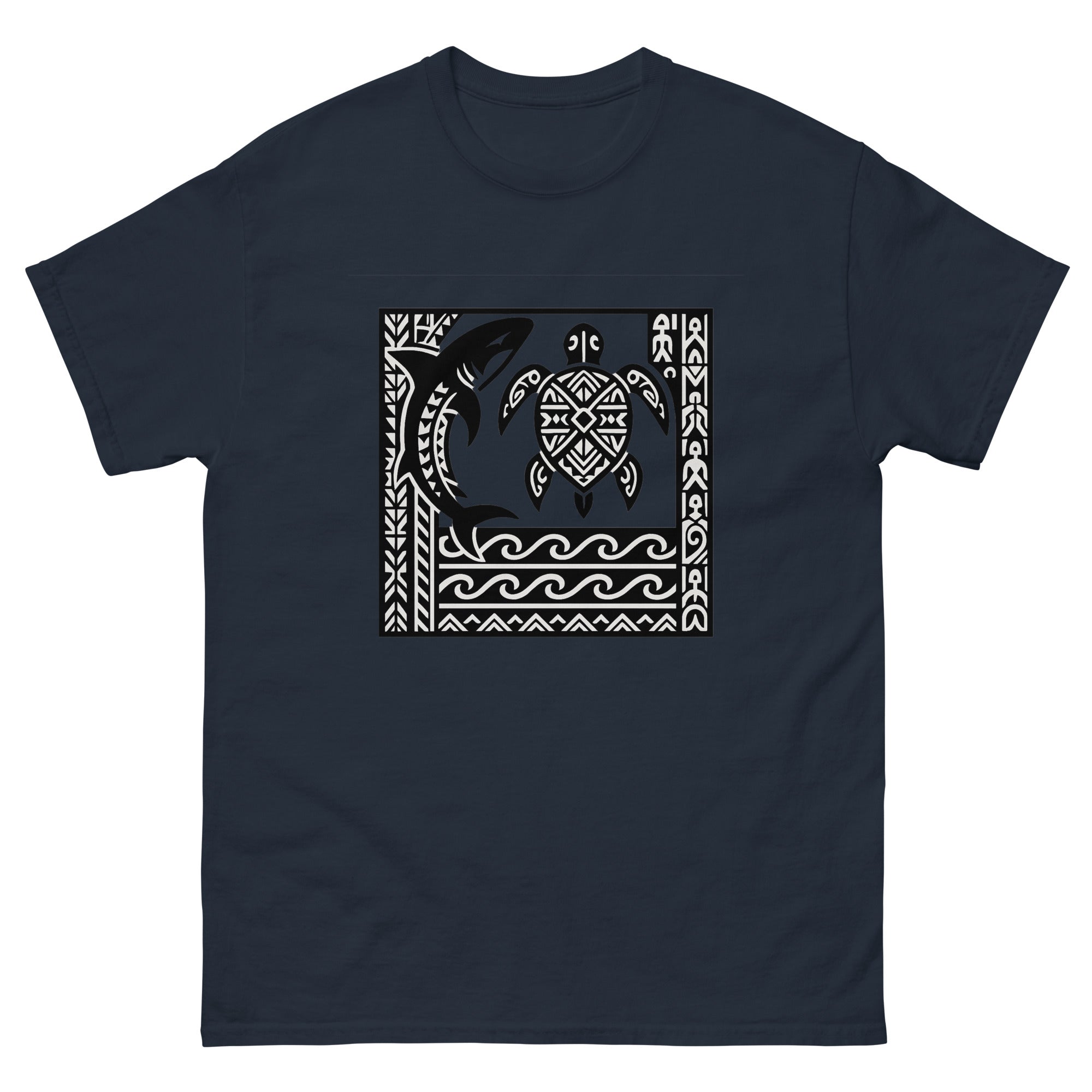 Aumakua Composition Hawaiian t-shirt design on a Navy unisex tee