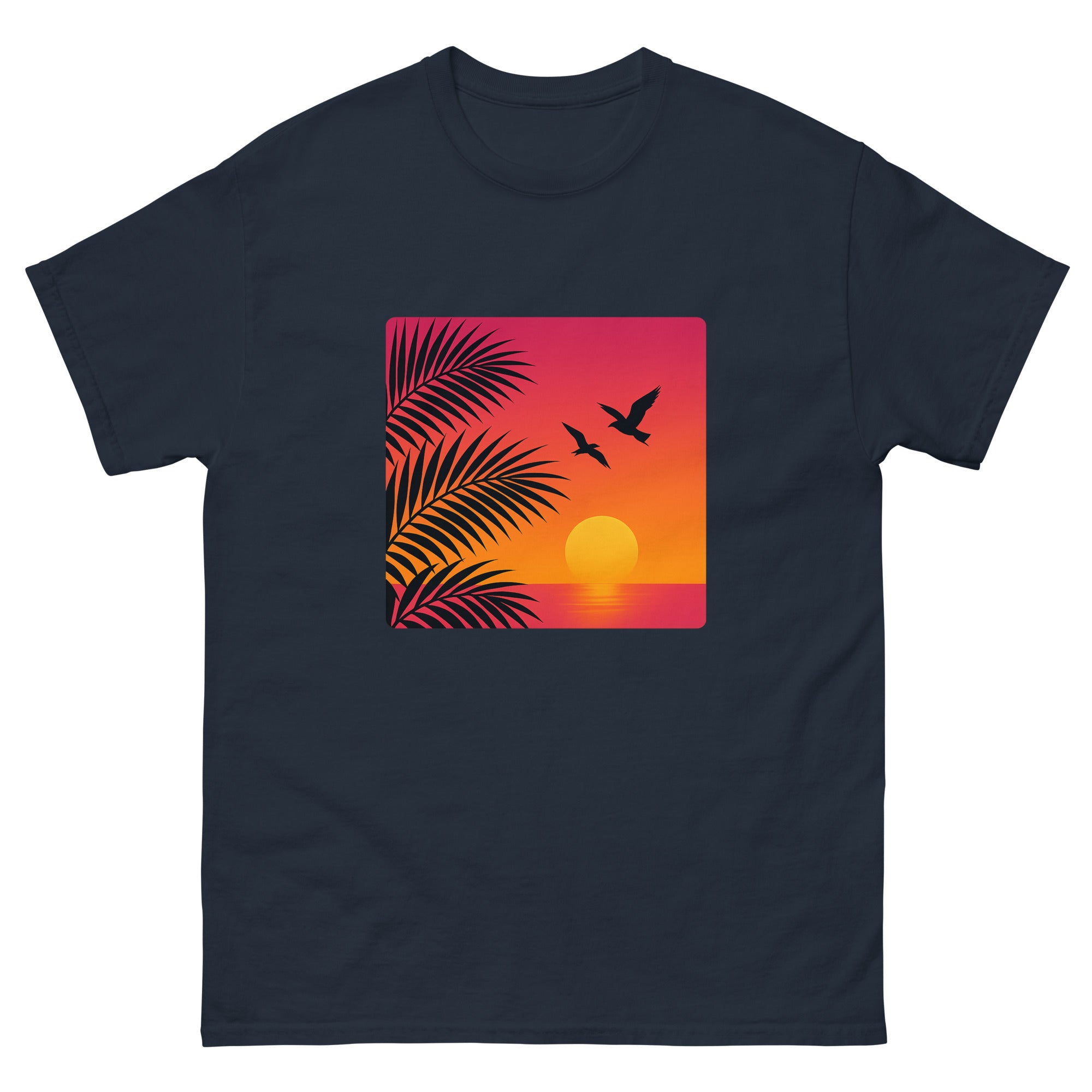 Sunset Palms Silhouette Hawaiian t-shirt design on a Navy unisex tee