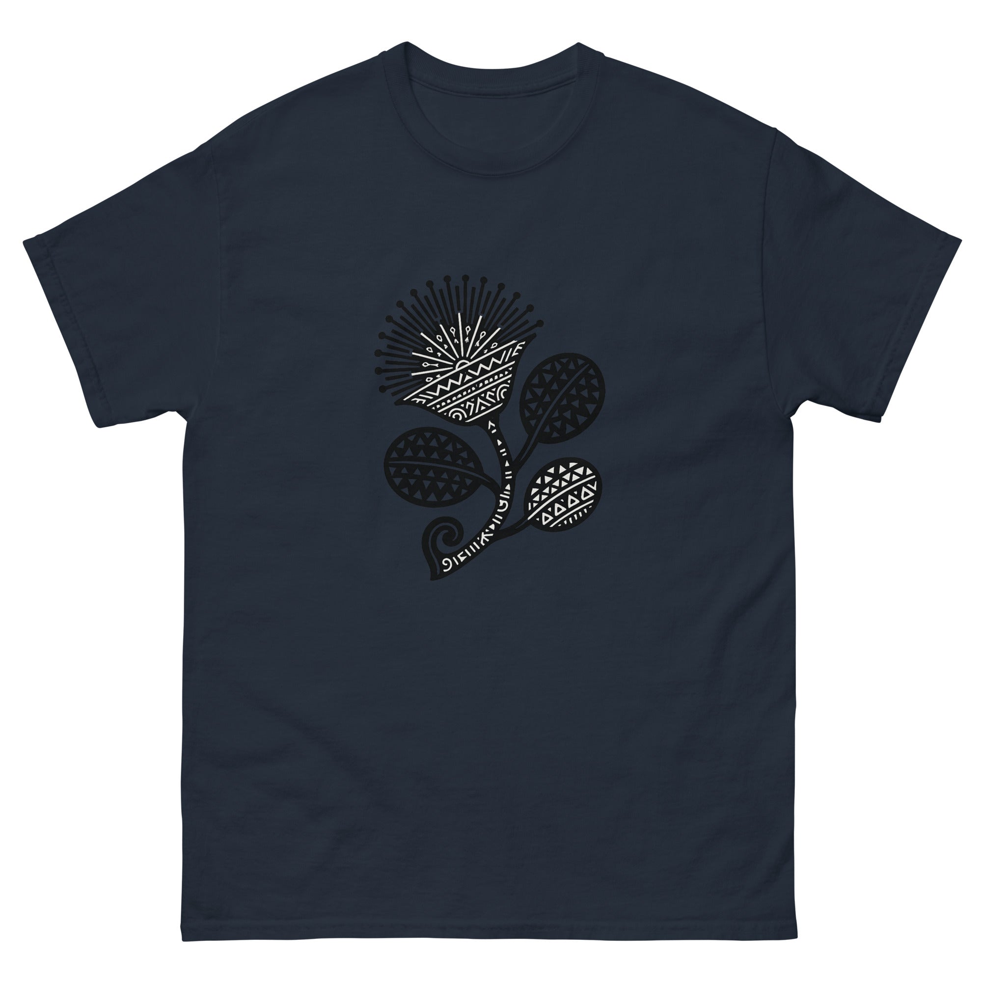 Lehua Kakau Hawaiian t-shirt design on a Navy unisex tee