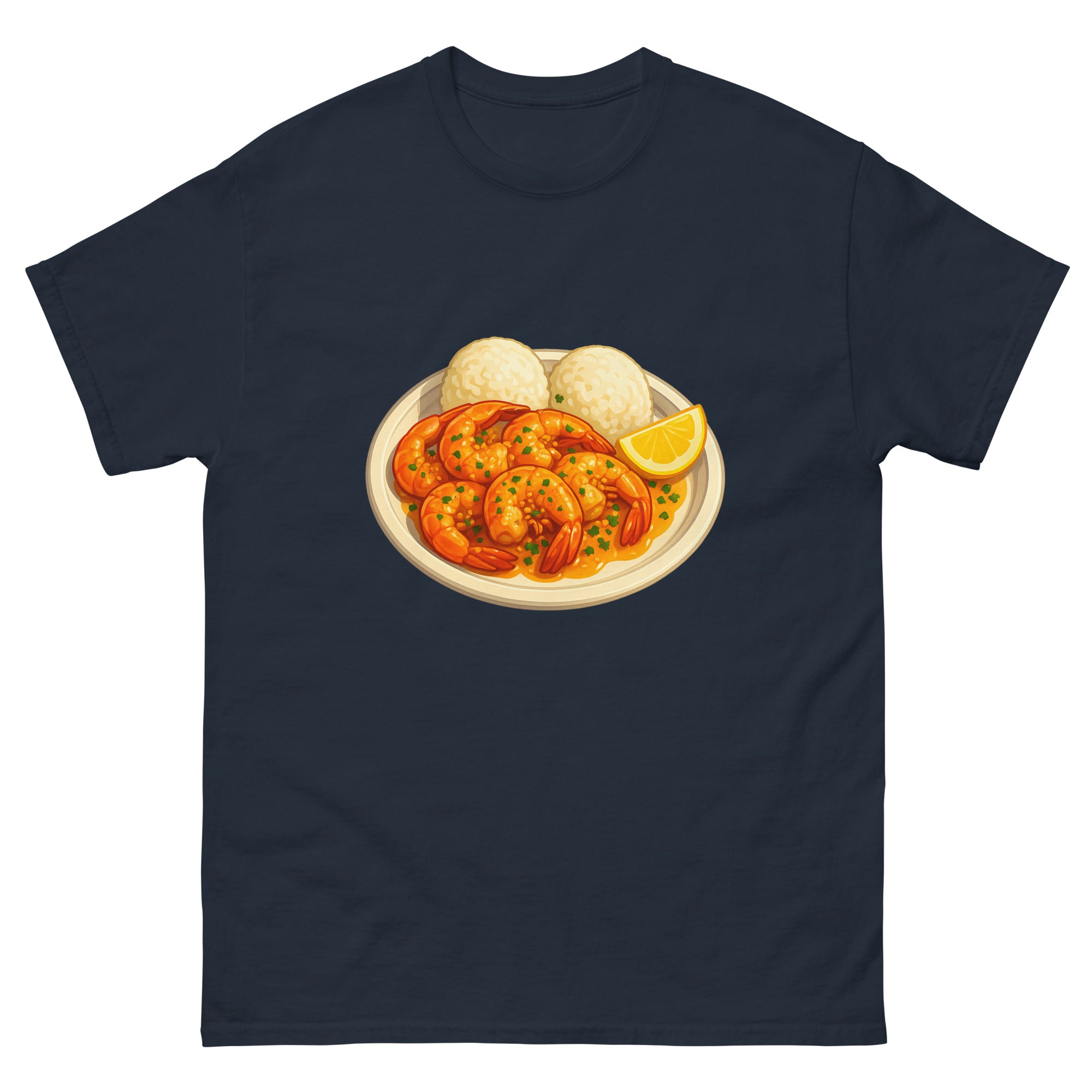 Garlic Shrimp Plate Hawaiian t-shirt design on a Navy unisex tee