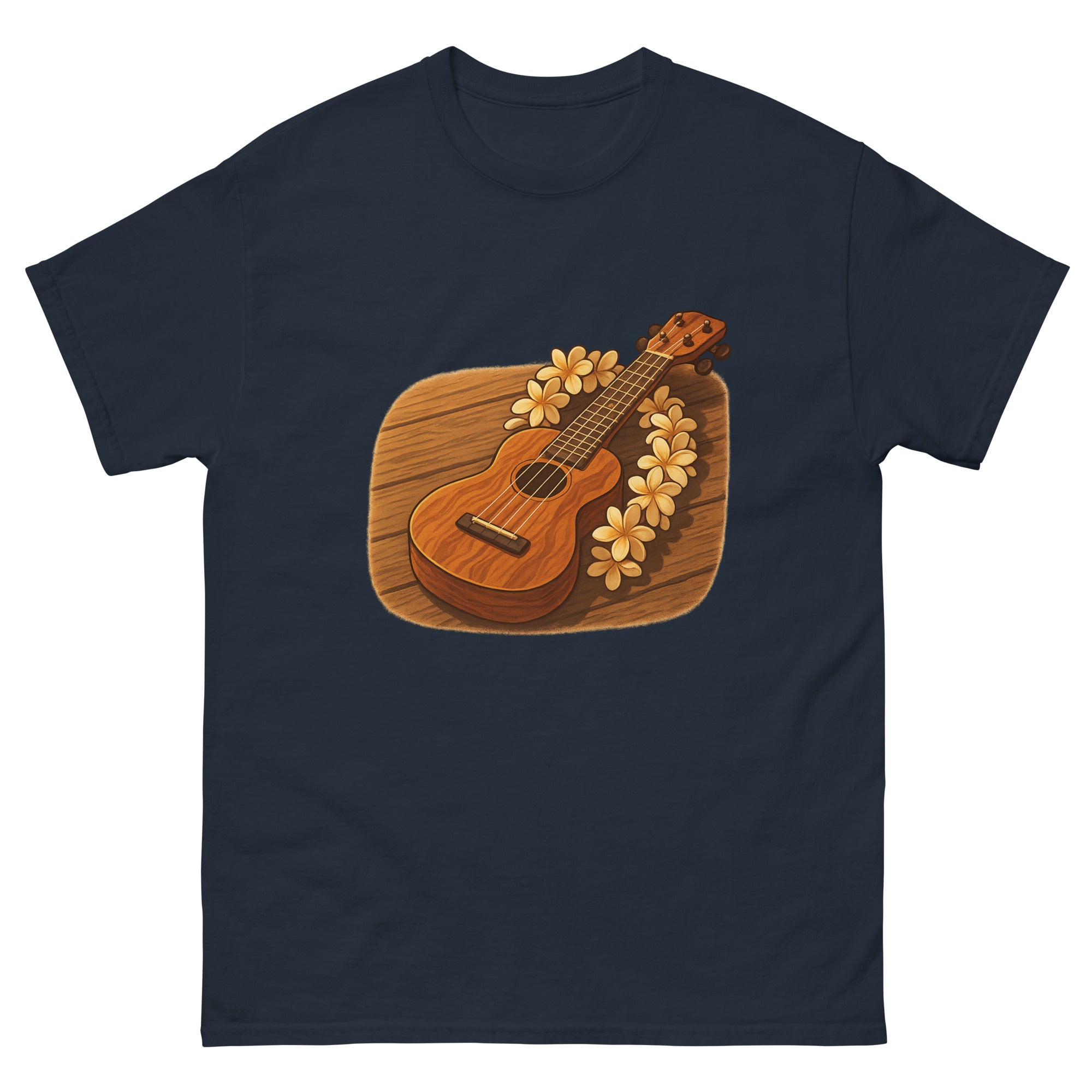 Ukulele And Lei Hawaiian t-shirt design on a Navy unisex tee