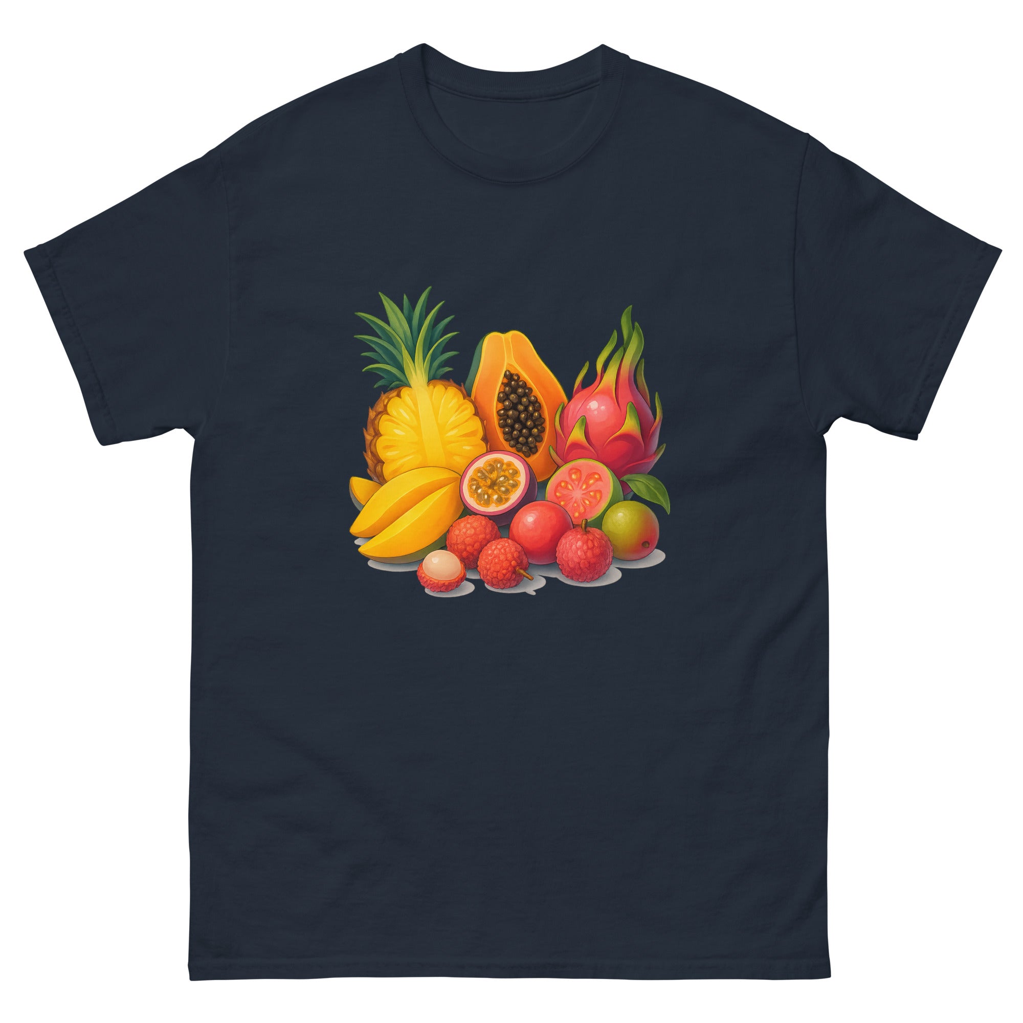 Tropical Fruit Spread Hawaiian t-shirt design on a Navy unisex tee