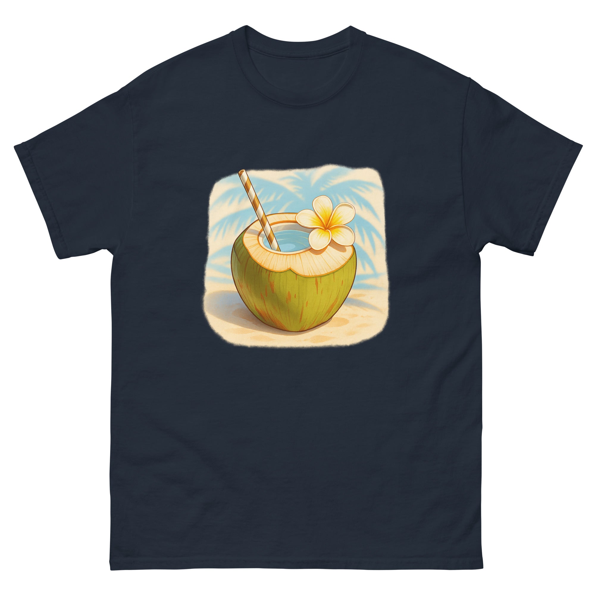 Coconut Drink Hawaiian t-shirt design on a Navy unisex tee