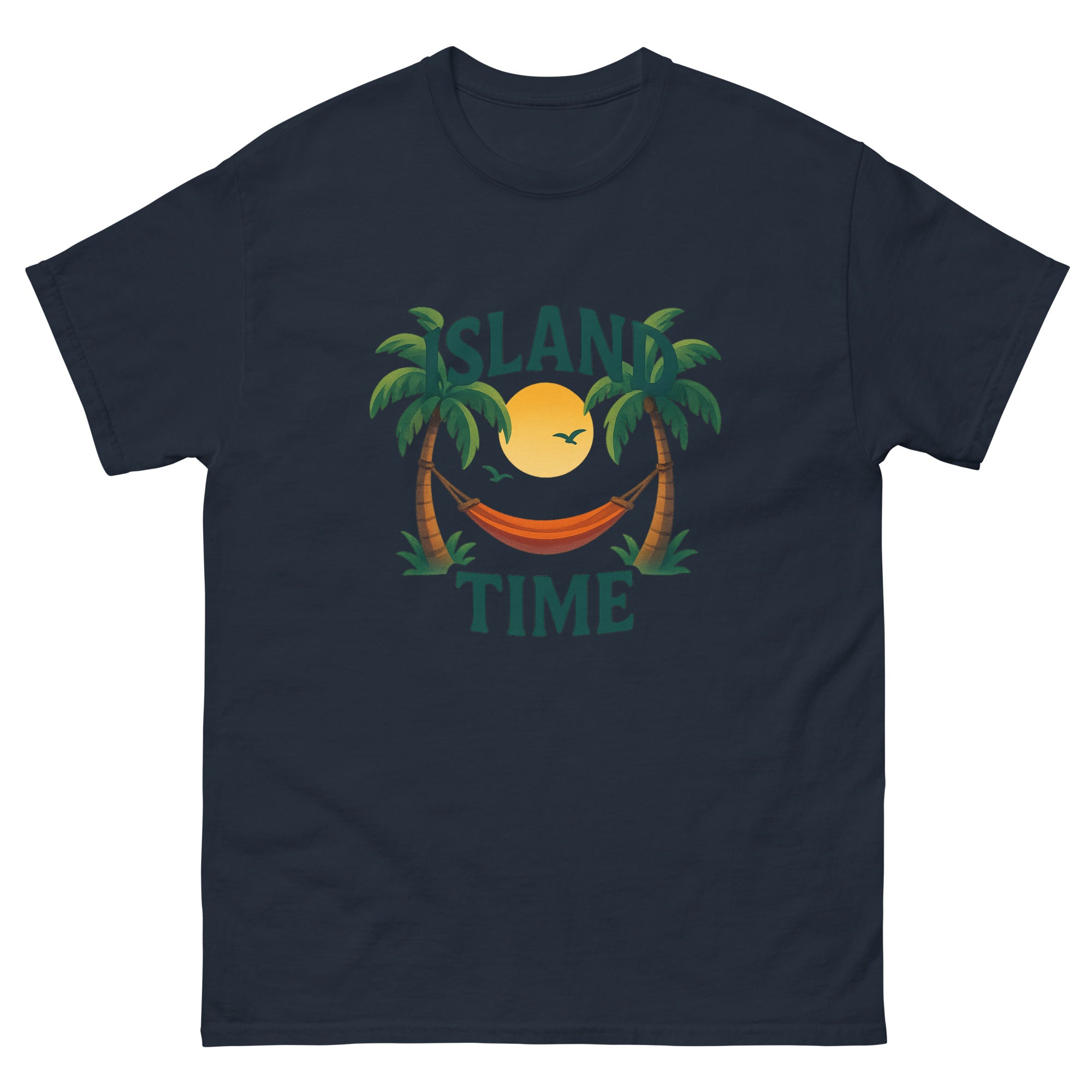 Island Time Type Hawaiian t-shirt design on a Navy unisex tee