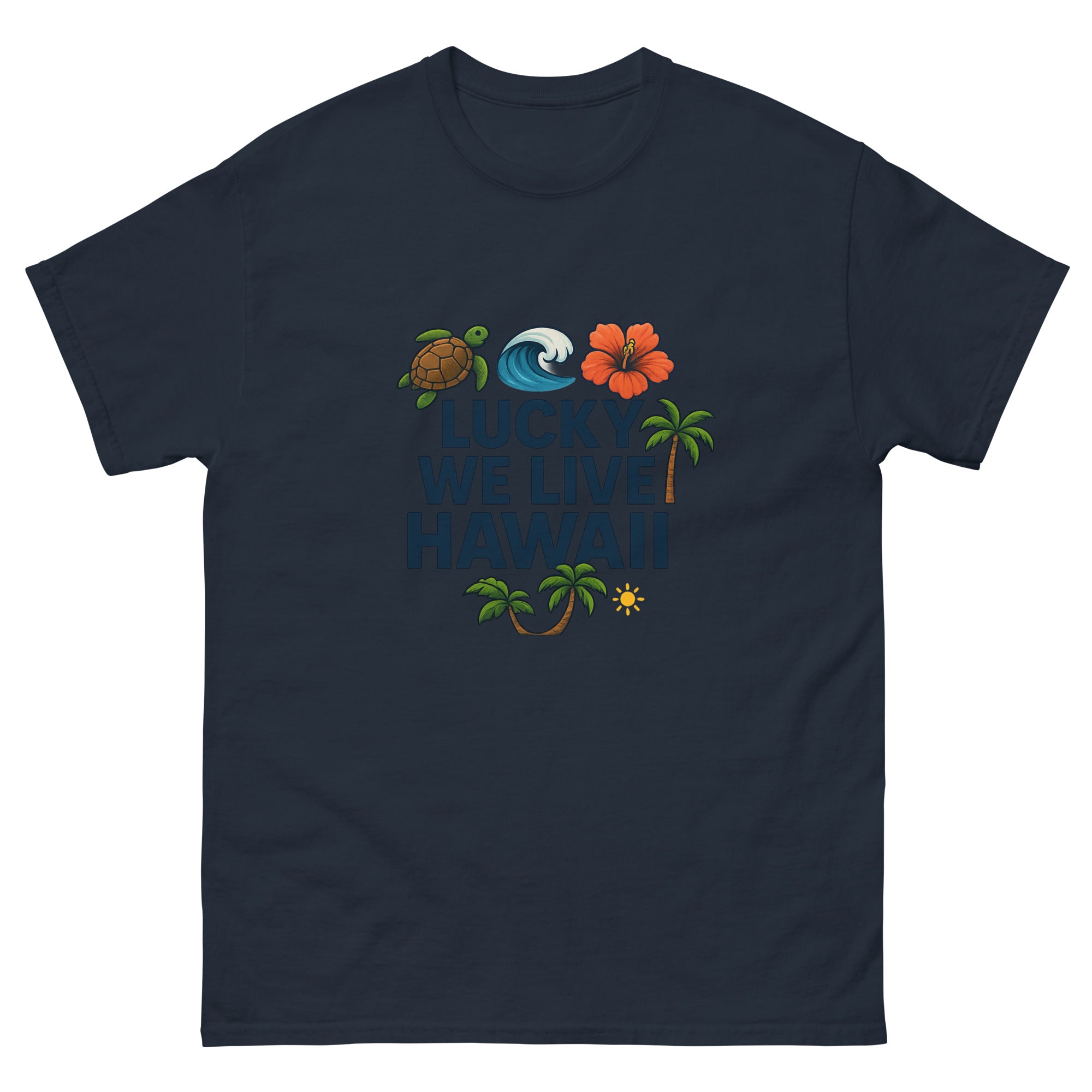Lucky We Live Hawaii Type Hawaiian t-shirt design on a Navy unisex tee