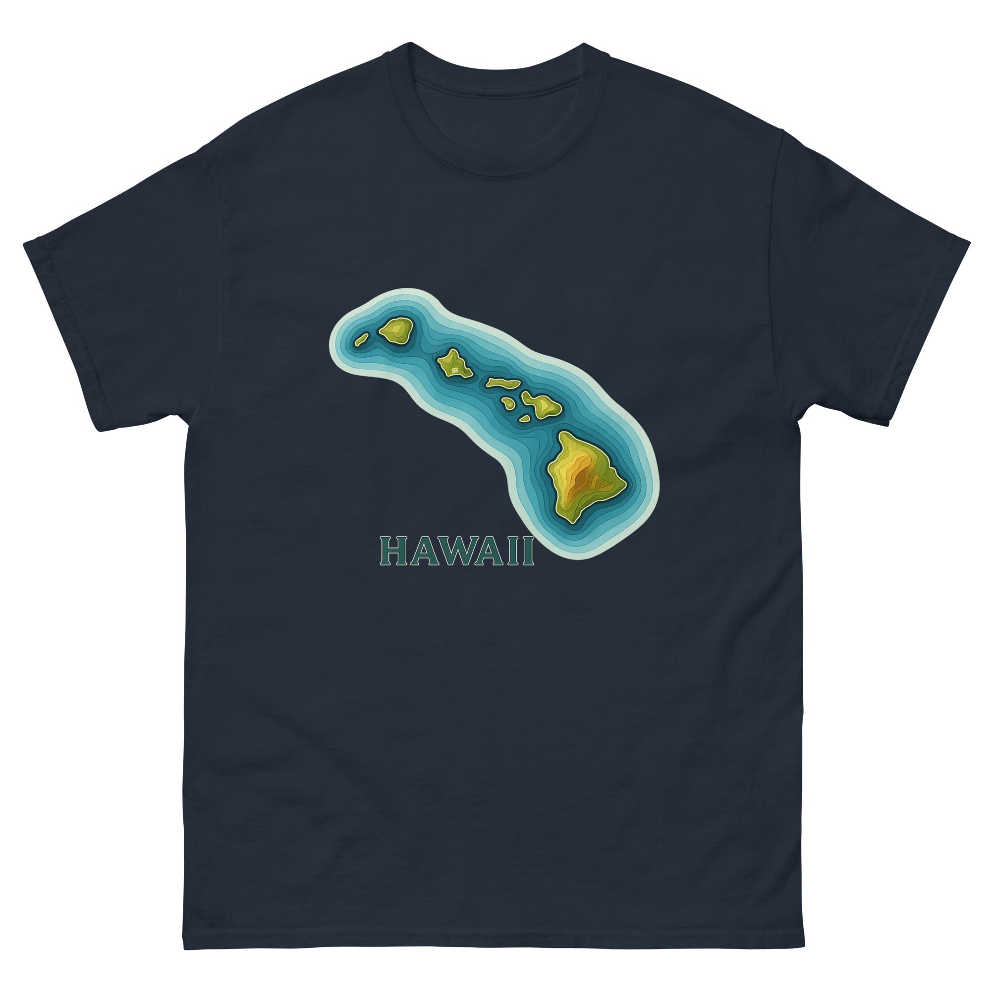 Hawaii Topographic Hawaiian t-shirt design on a Navy unisex tee