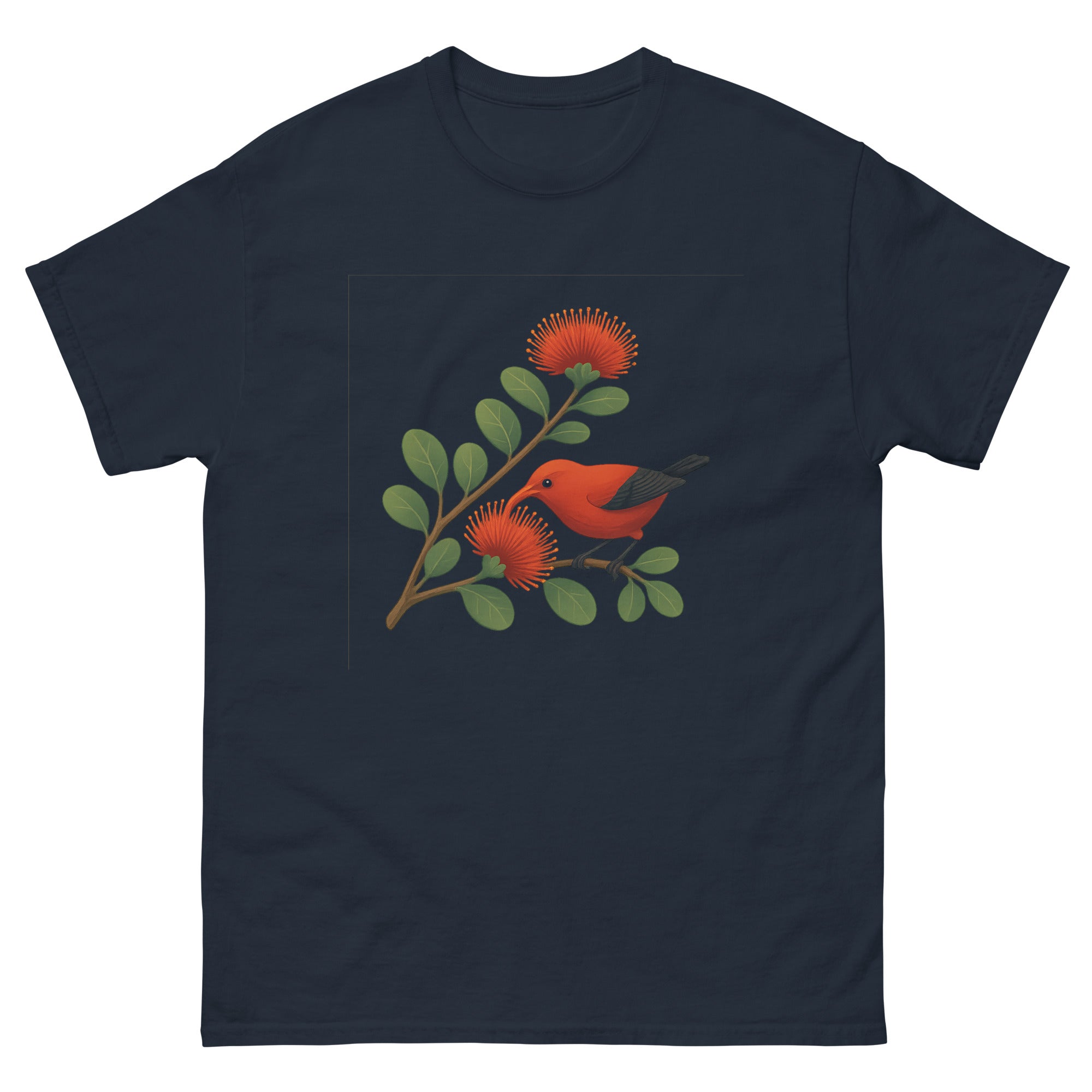 Ohia Lehua And Iiwi Hawaiian t-shirt design on a Navy unisex tee