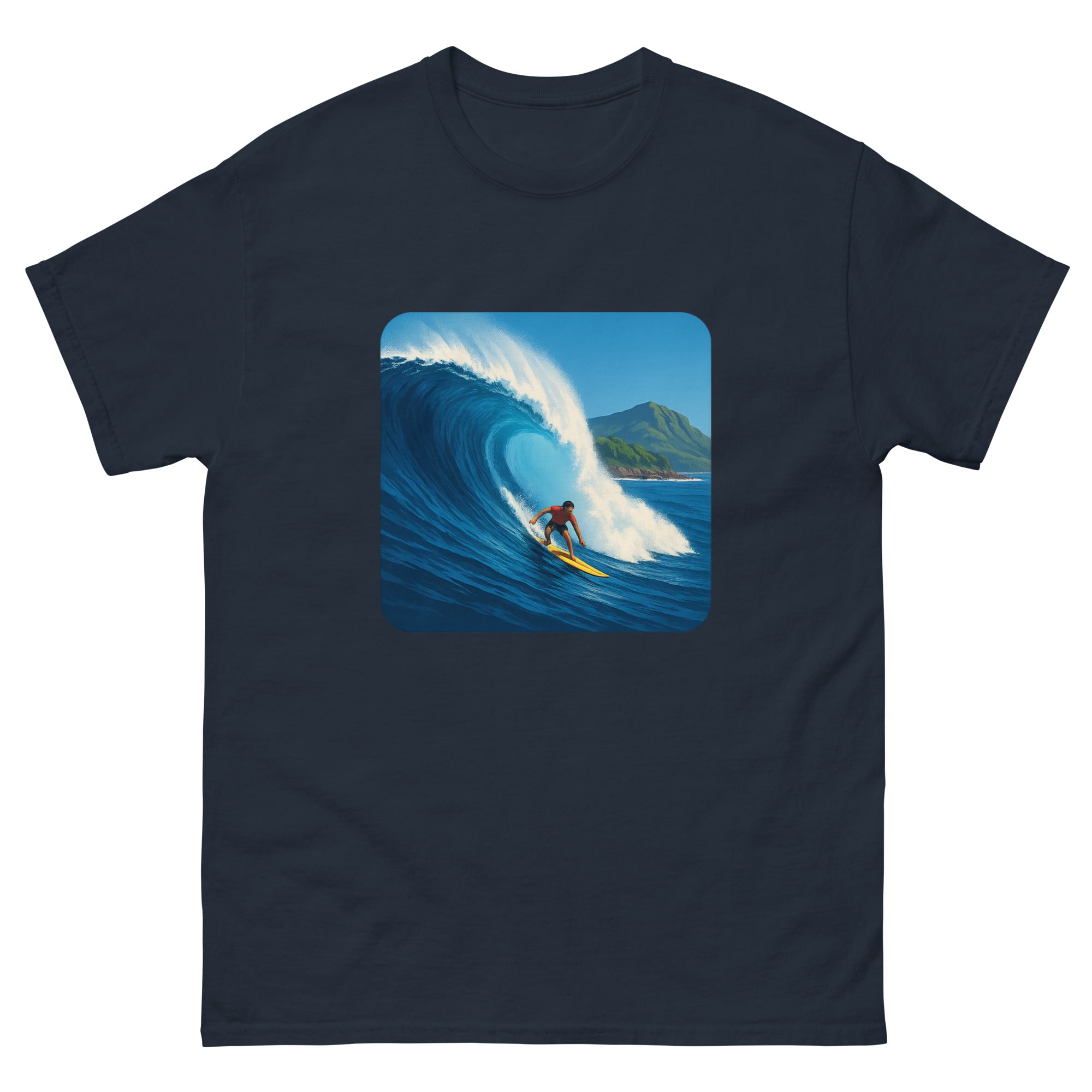 Waimea Bay Drop Hawaiian t-shirt design on a Navy unisex tee