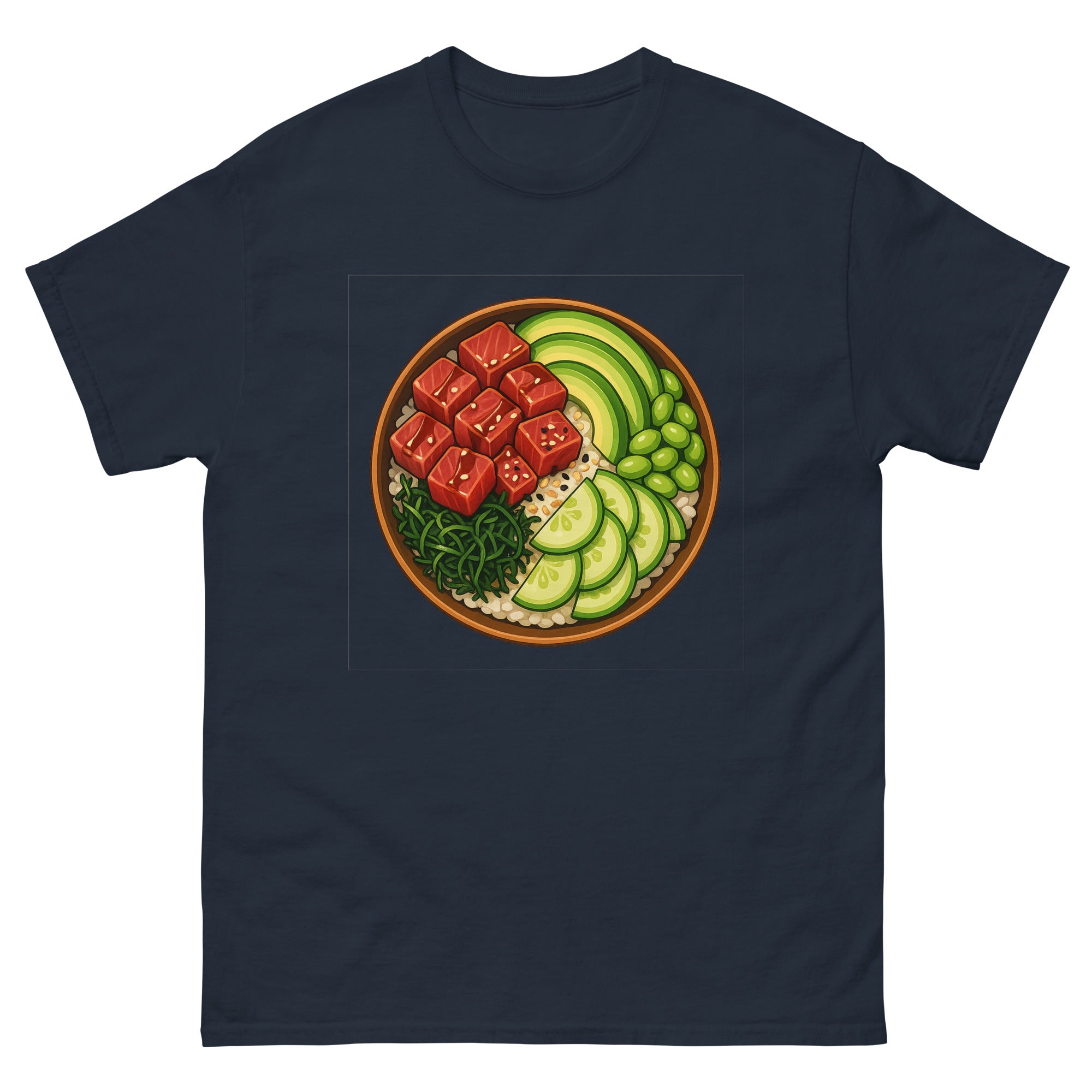 Poke Bowl Hawaiian t-shirt design on a Navy unisex tee