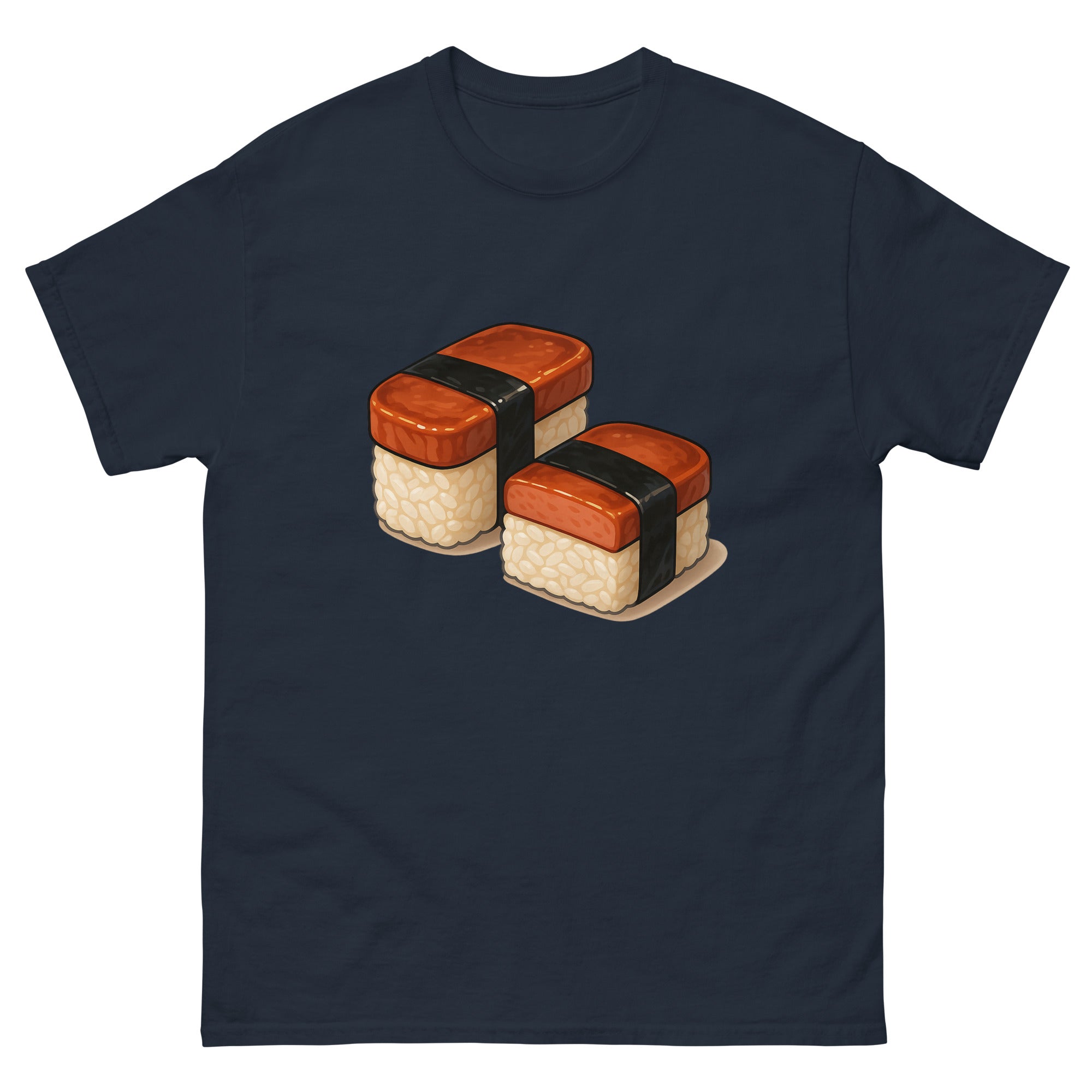 Spam Musubi Hawaiian t-shirt design on a Navy unisex tee