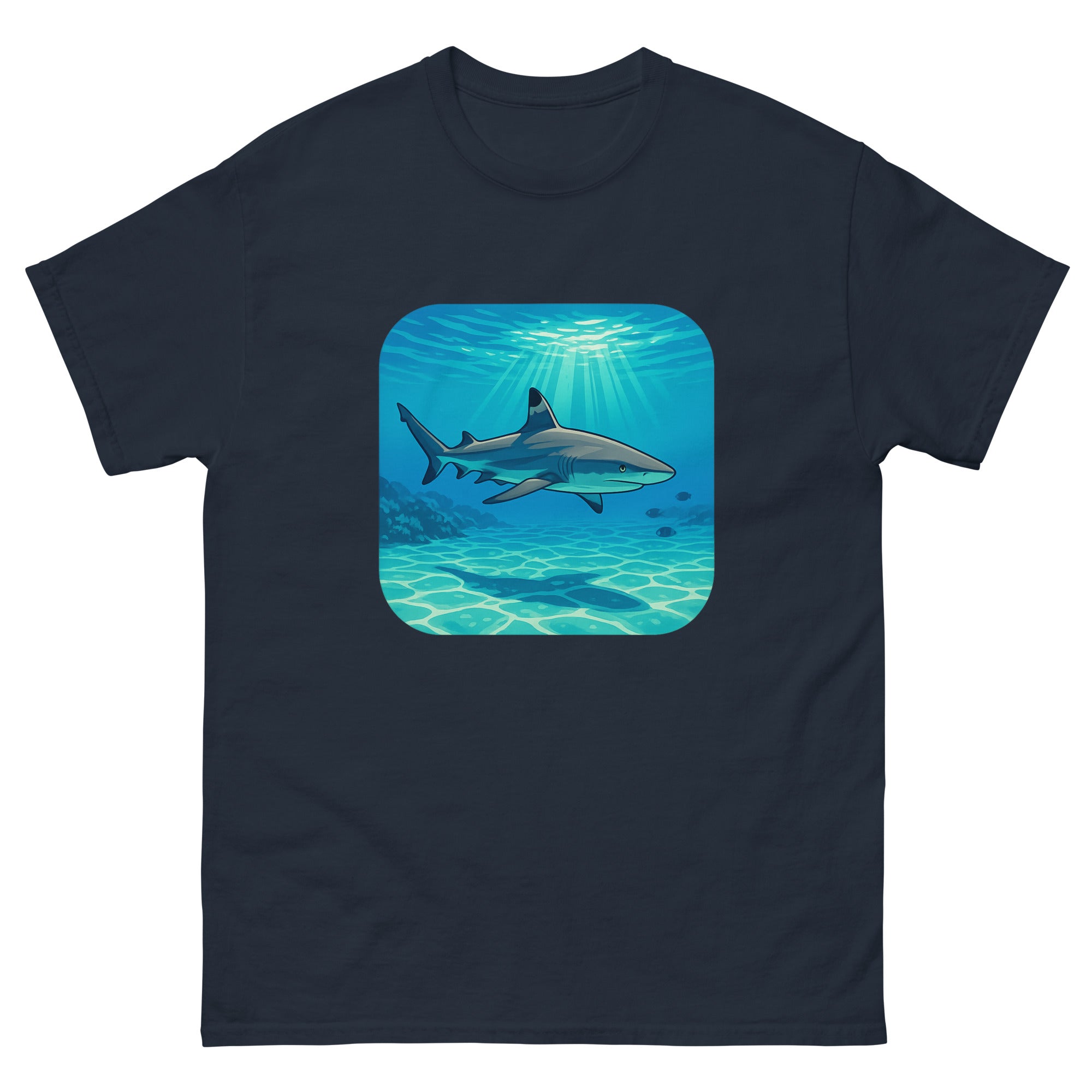 Reef Shark Cruise Hawaiian t-shirt design on a Navy unisex tee