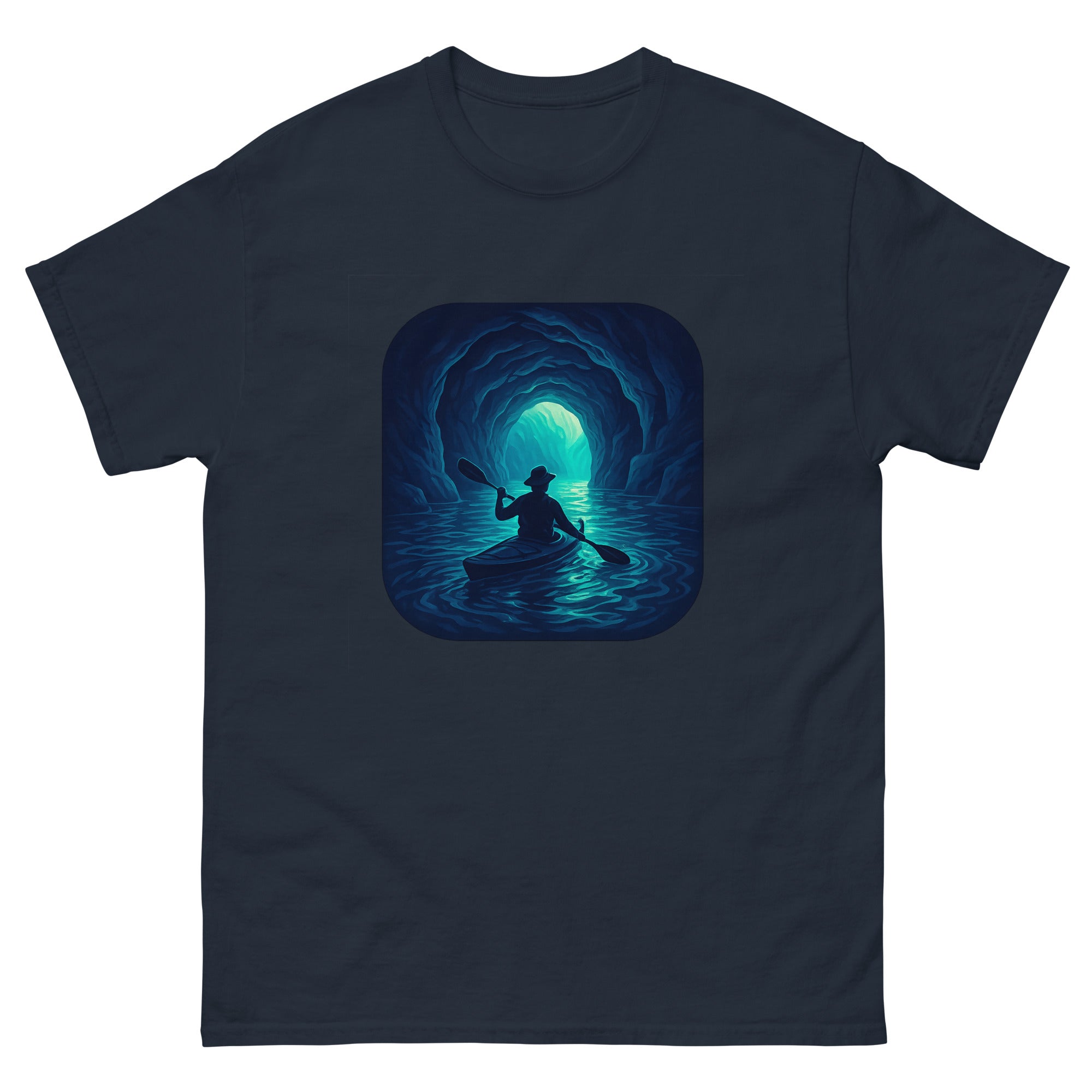 Sea Cave Kayak Hawaiian t-shirt design on a Navy unisex tee