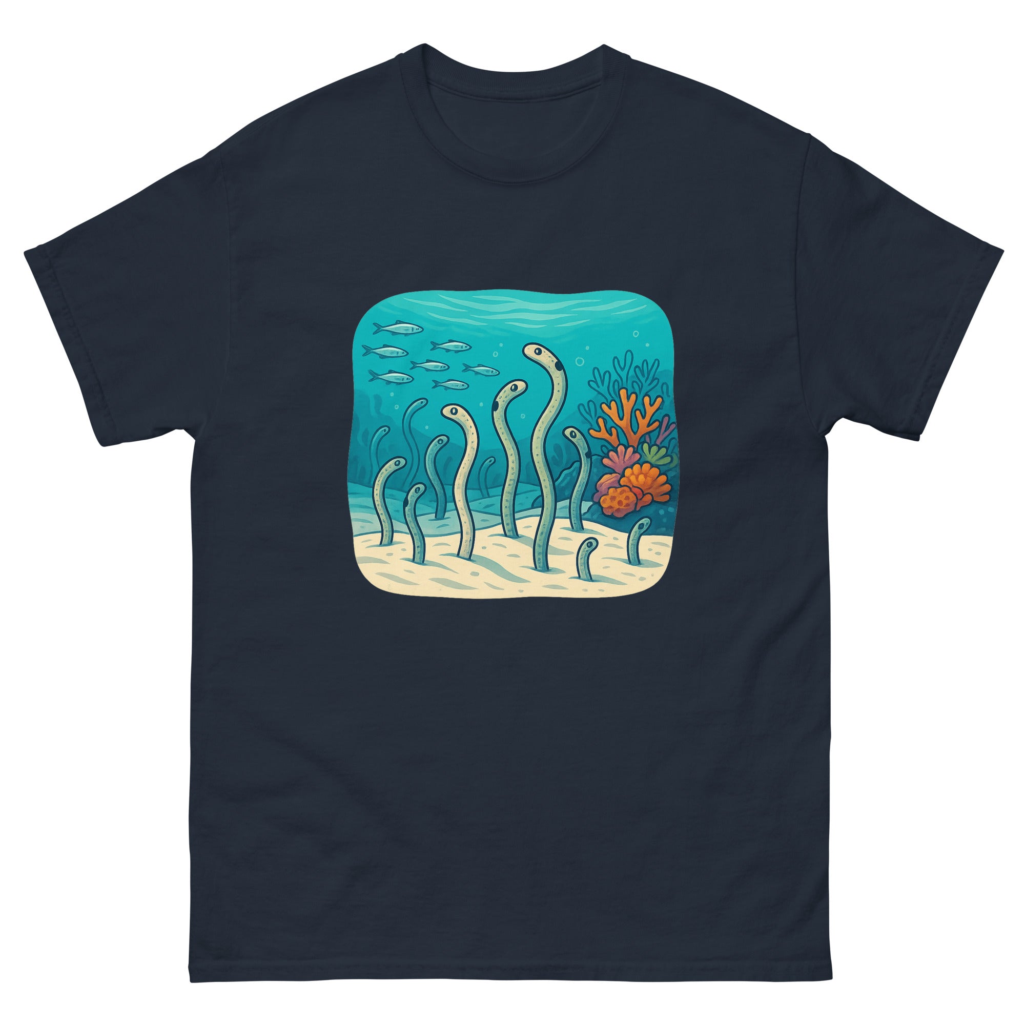 Garden Eels Reef Hawaiian t-shirt design on a Navy unisex tee