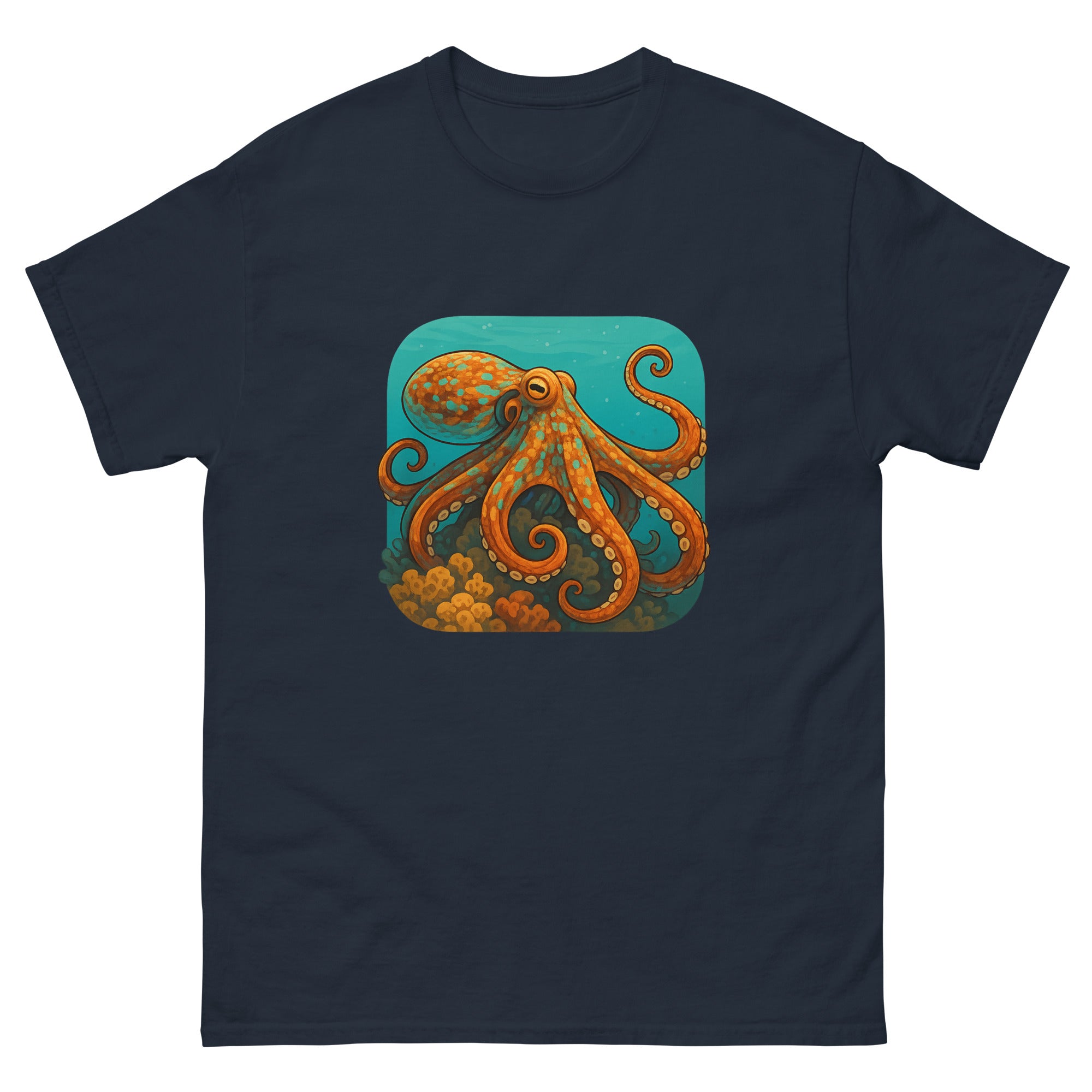 Octopus On The Reef Hawaiian t-shirt design on a Navy unisex tee