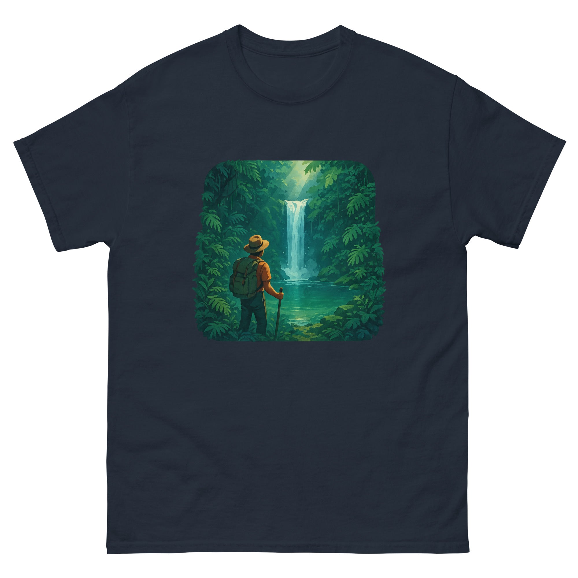 Waterfall Hike Hawaiian t-shirt design on a Navy unisex tee