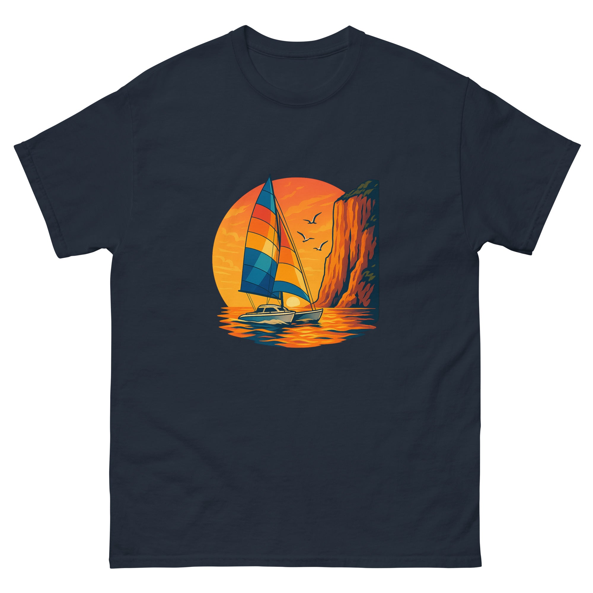Catamaran Sunset Sail Hawaiian t-shirt design on a Navy unisex tee